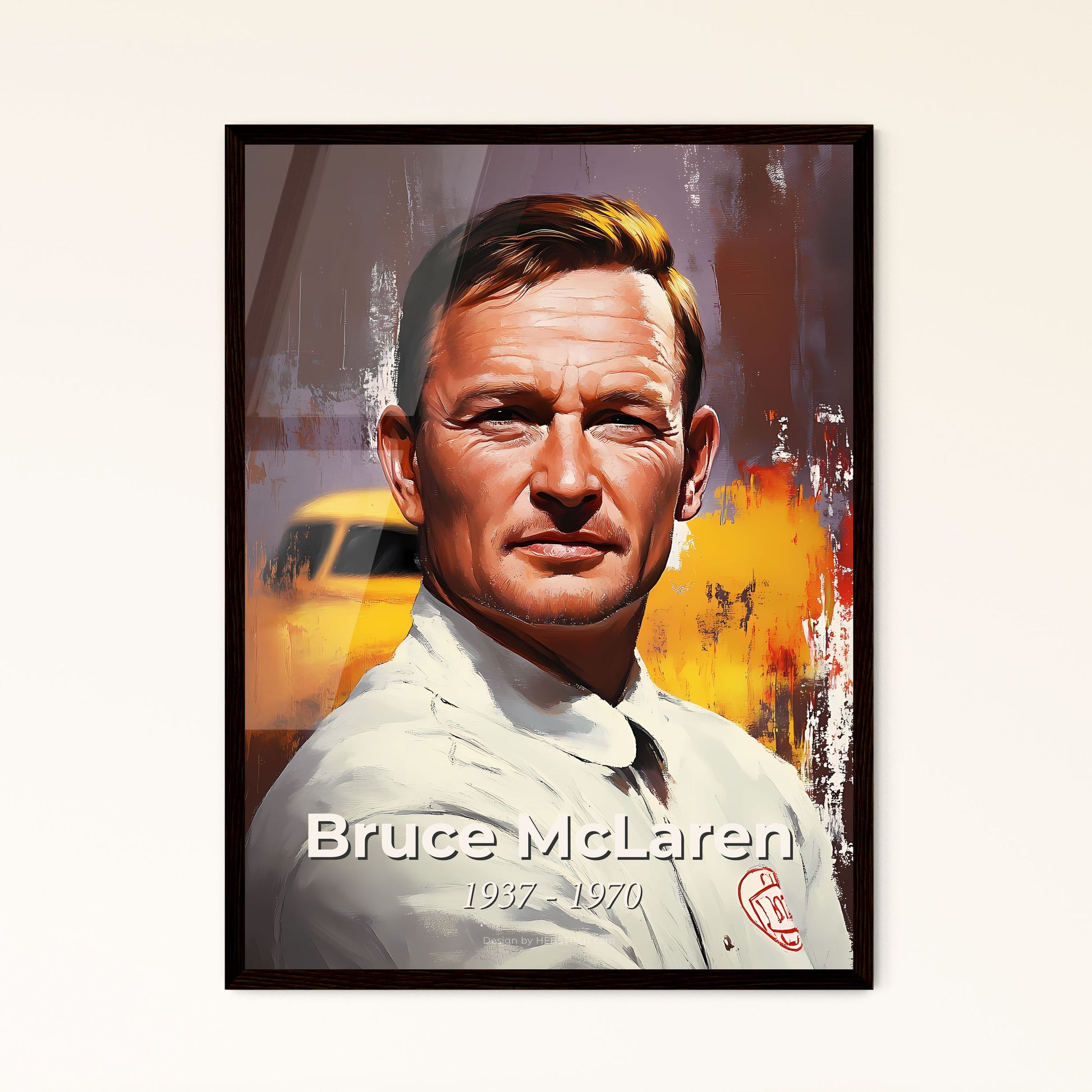 Portrait of Bruce McLaren, 1937 - 1970. Impressionistic painting of a man in a white shirt.