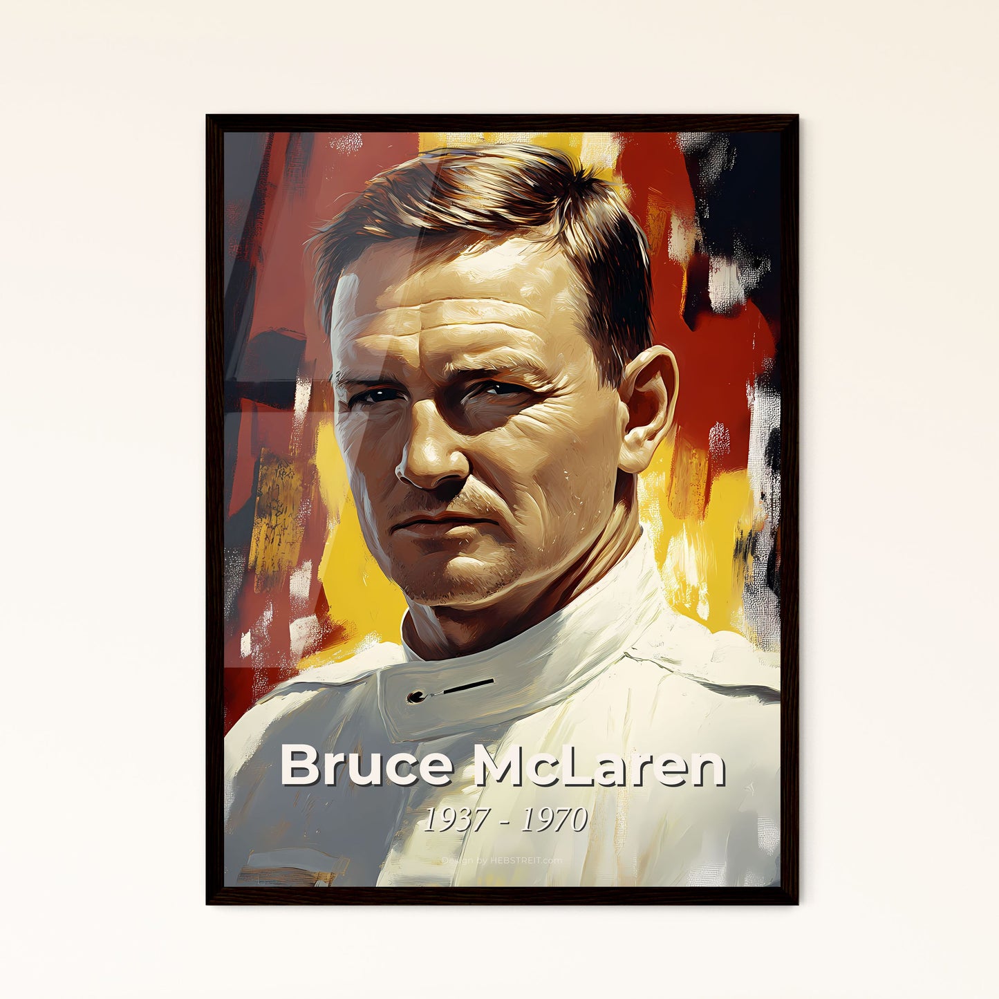 Portrait of Bruce McLaren, 1937 - 1970. Impressionistic painting of a man in a white shirt.