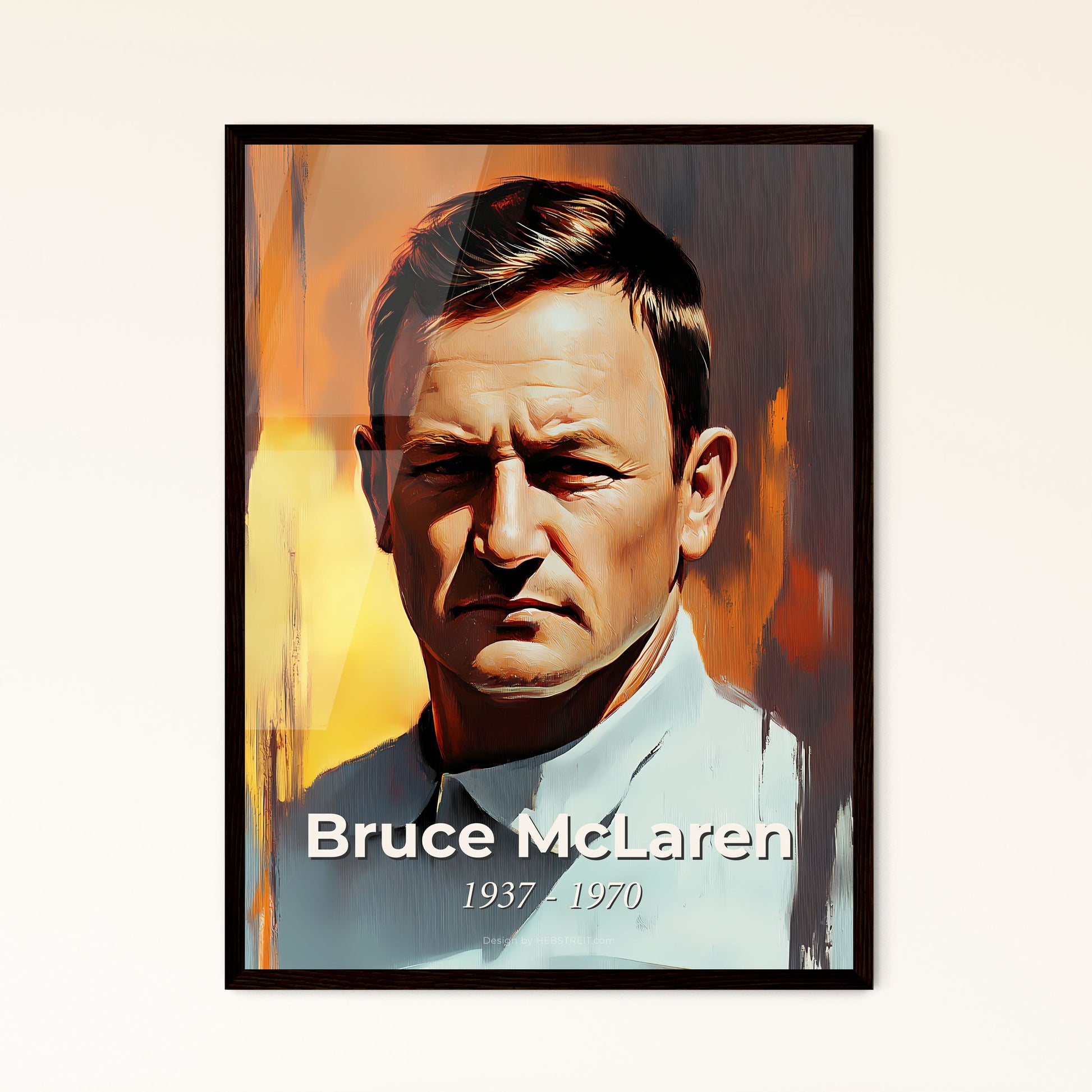 Portrait of Bruce McLaren, 1937 - 1970. Impressionistic painting of a man in a white shirt.