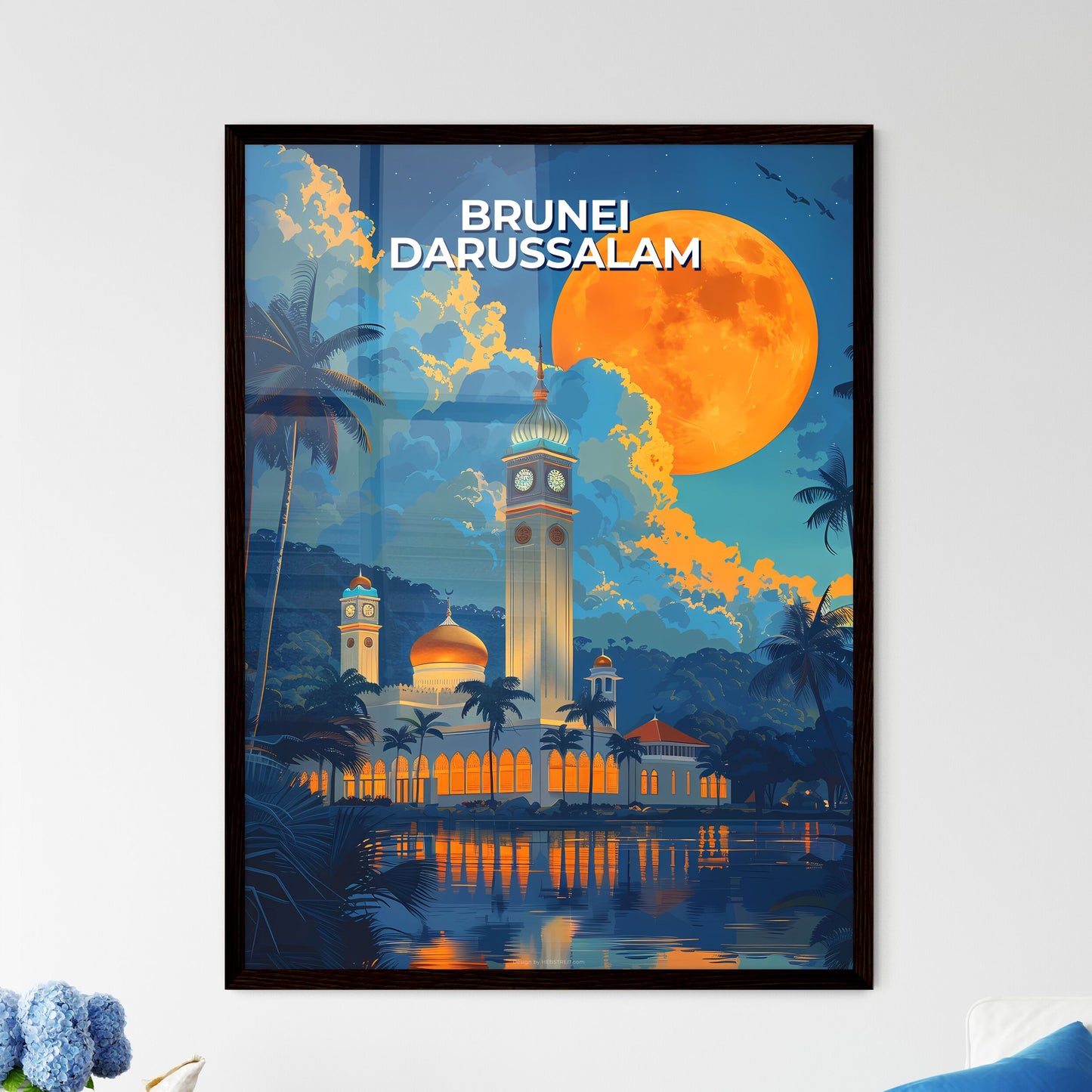Brunei Darussalam Southeast Asia art painting vibrant moon building large Framed Art