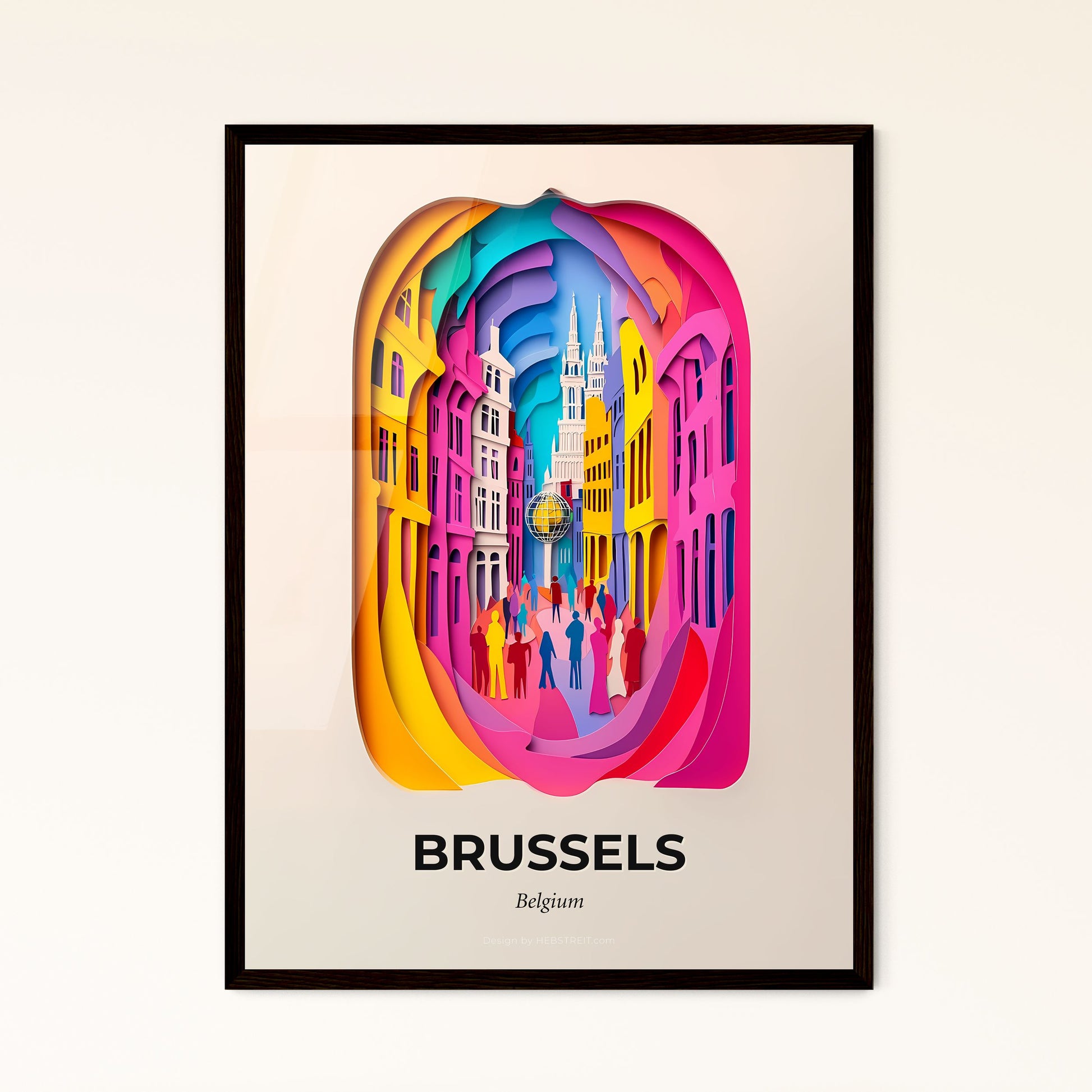 Vivid Brussels, Belgium - a colorful paper cut of a city with people walking