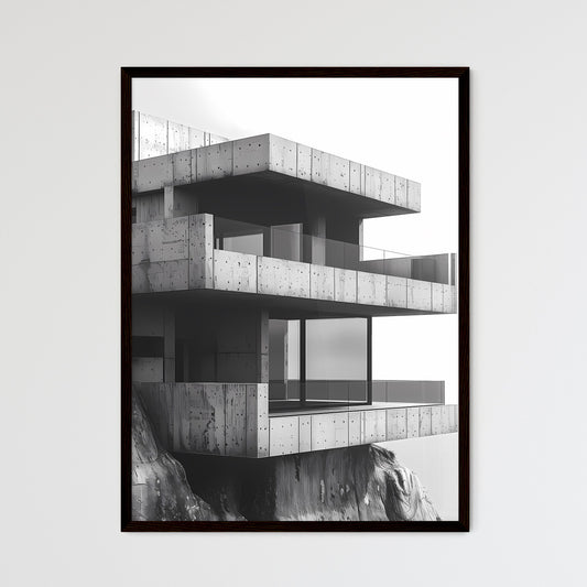 Luxury black and white cliff house painting with vibrant art focus and white background Framed Art