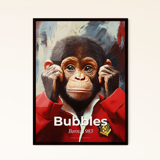 Portrait of Bubbles, Born: 1983. Impressionistic painting of a chimpanzee wearing a red jacket.