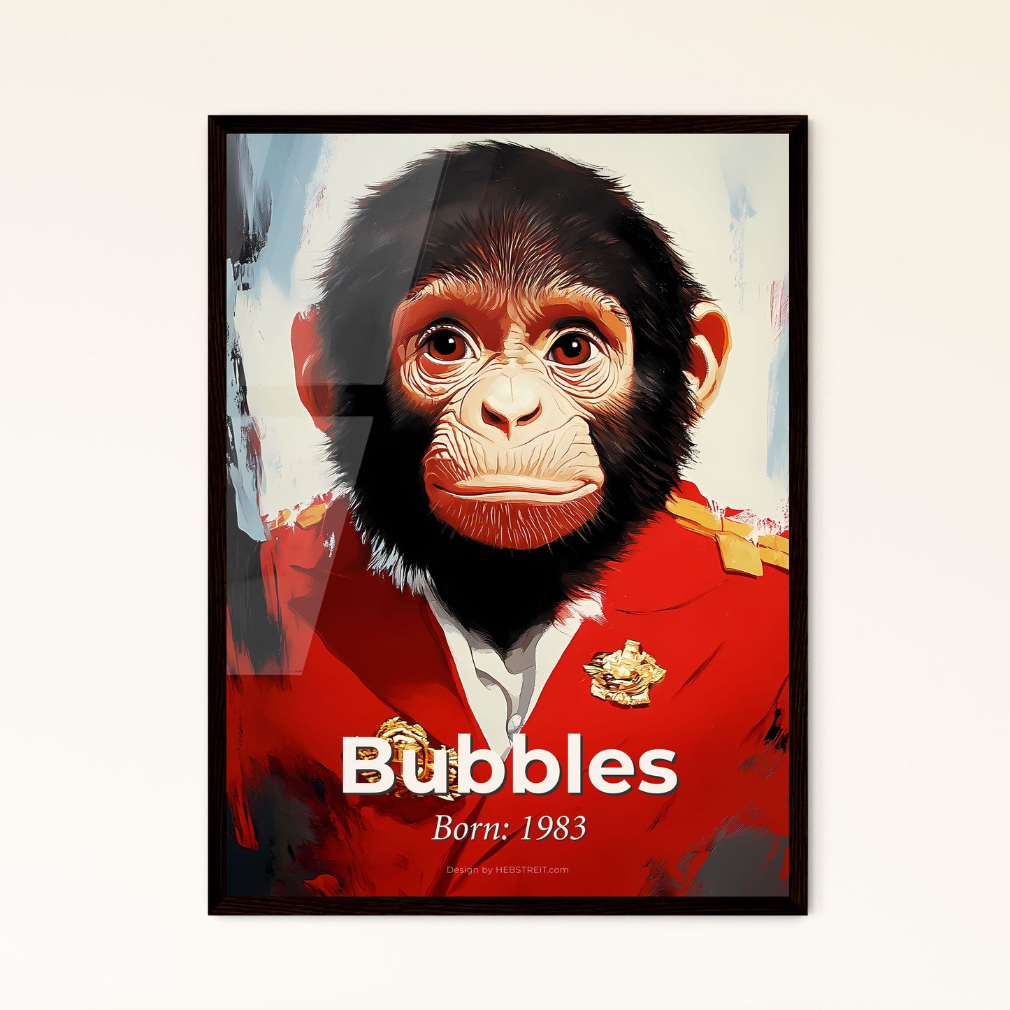 Portrait of Bubbles, Born: 1983. Impressionistic painting of a monkey in a red uniform.