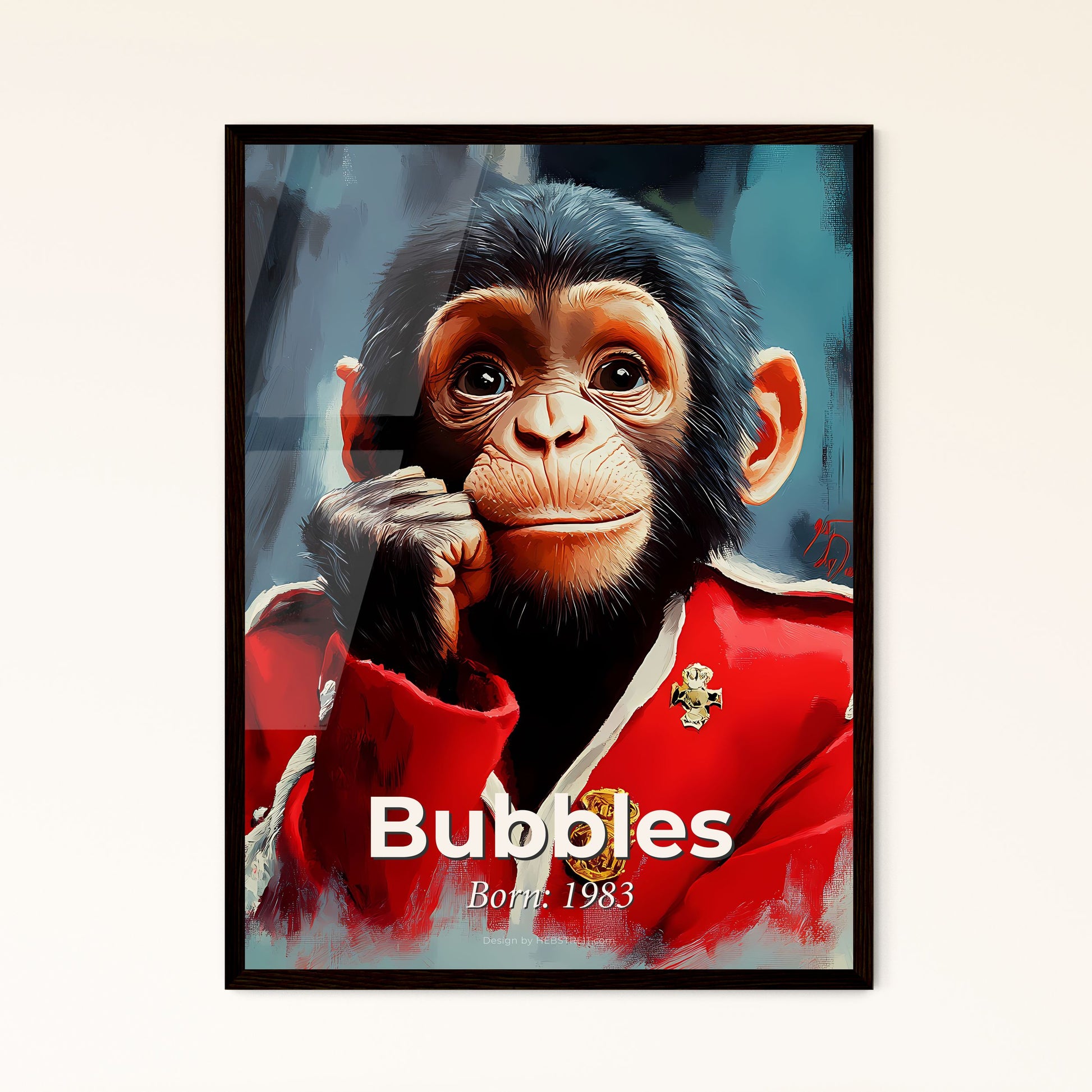 Portrait of Bubbles, Born: 1983. Impressionistic painting of a chimpanzee in a red jacket.