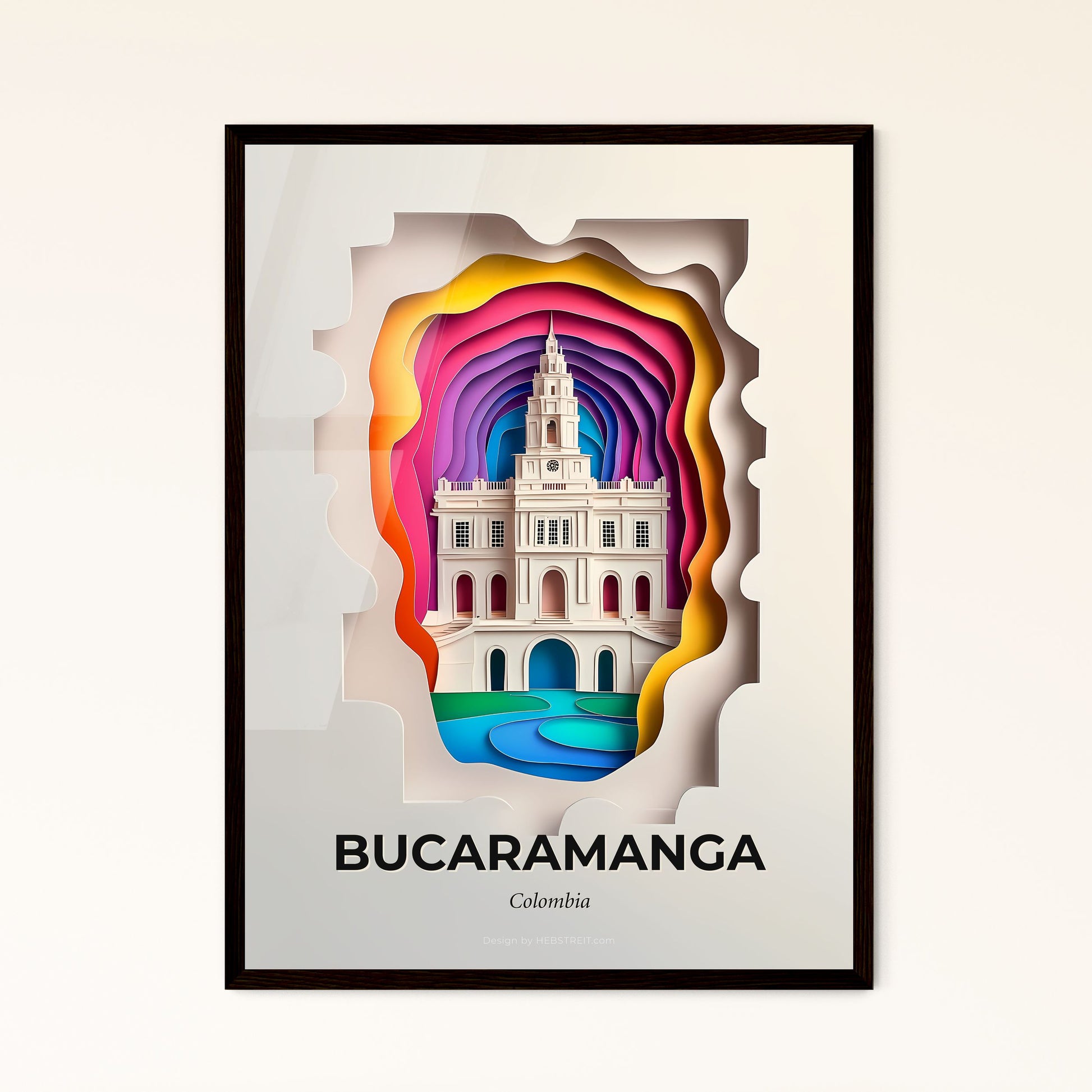 Vivid Bucaramanga, Colombia - a paper cut of a building with a rainbow sky