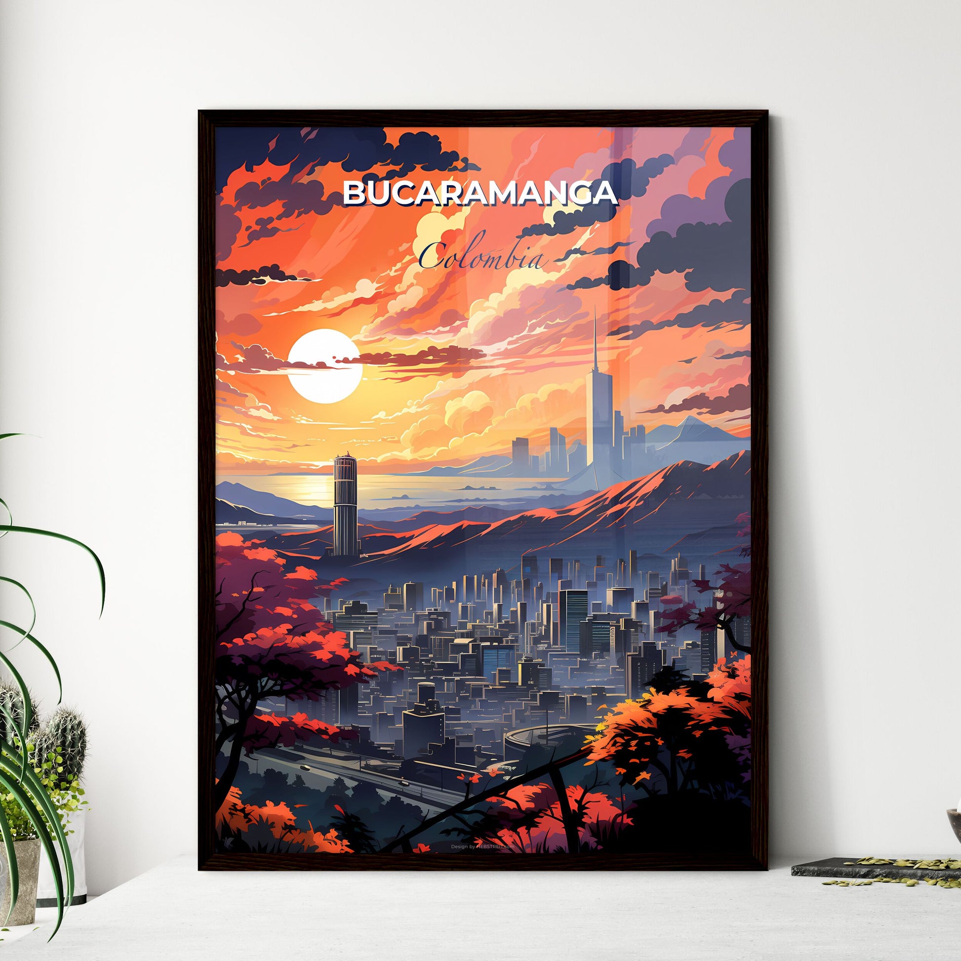 Vibrant Bucaramanga Cityscape, Colombia Landscape with Mountains and Trees, Artistic Painting Default Title