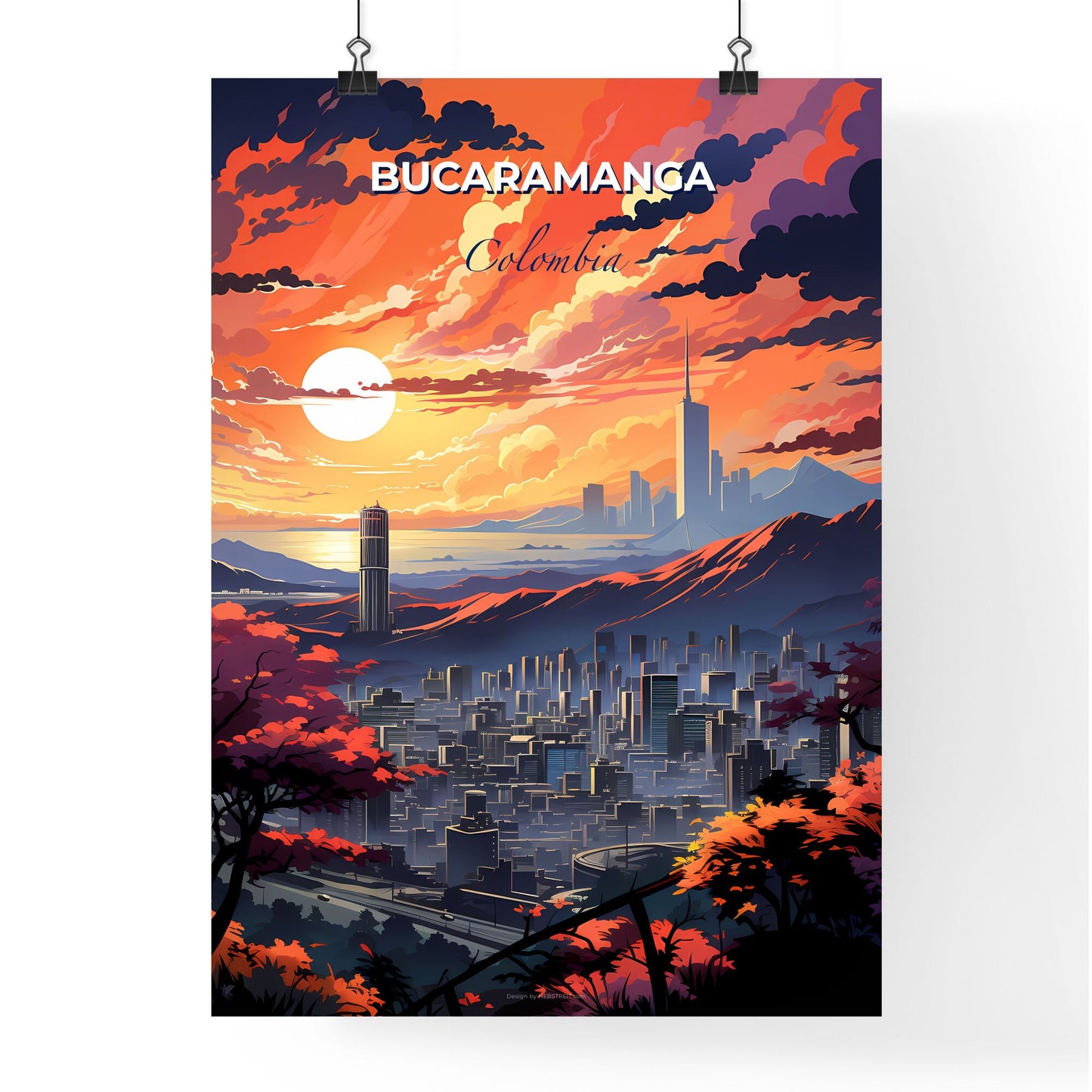 Vibrant Bucaramanga Cityscape, Colombia Landscape with Mountains and Trees, Artistic Painting Default Title