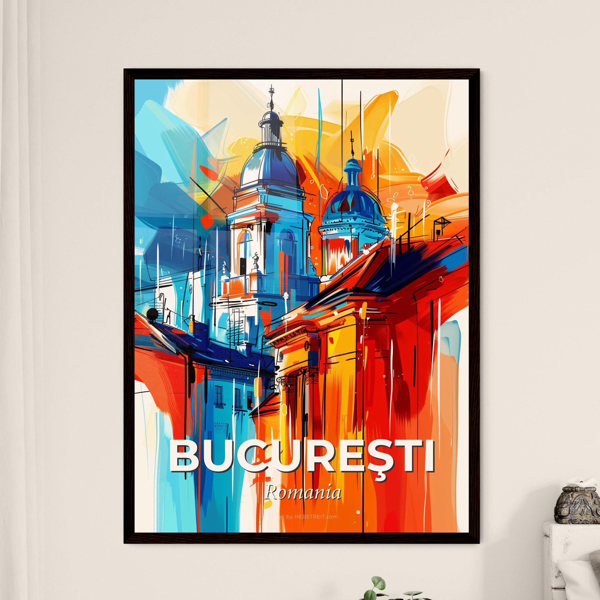 Vibrant Bucureşti, Romania - A Painting Of A Building With A Colorful Background