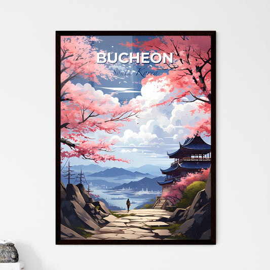 Vibrant Painting of Bucheon South Korea Skyline Featuring Traditional Pagoda and Pink Trees Default Title