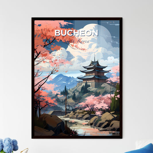 Vibrant Korean Skyline Painting: Pastel Pagoda, Flowering Trees, River Default Title