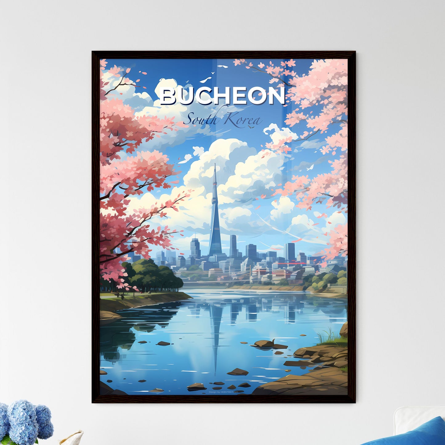 Bucheon Cityscape - Vibrant Painting with River, Skyline, and Trees Default Title