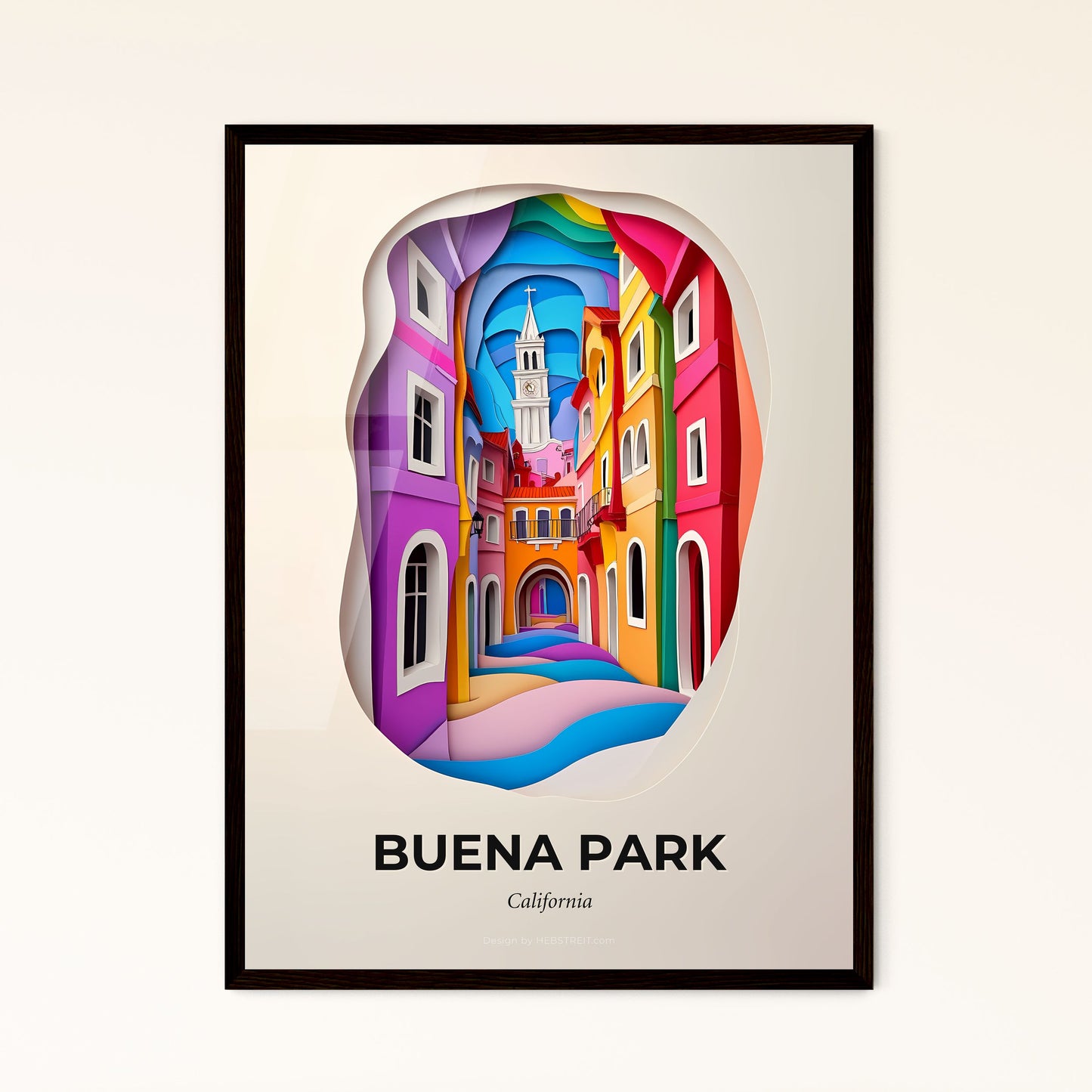 Vivid Buena Park, California - a paper cut of a colorful city with a clock tower