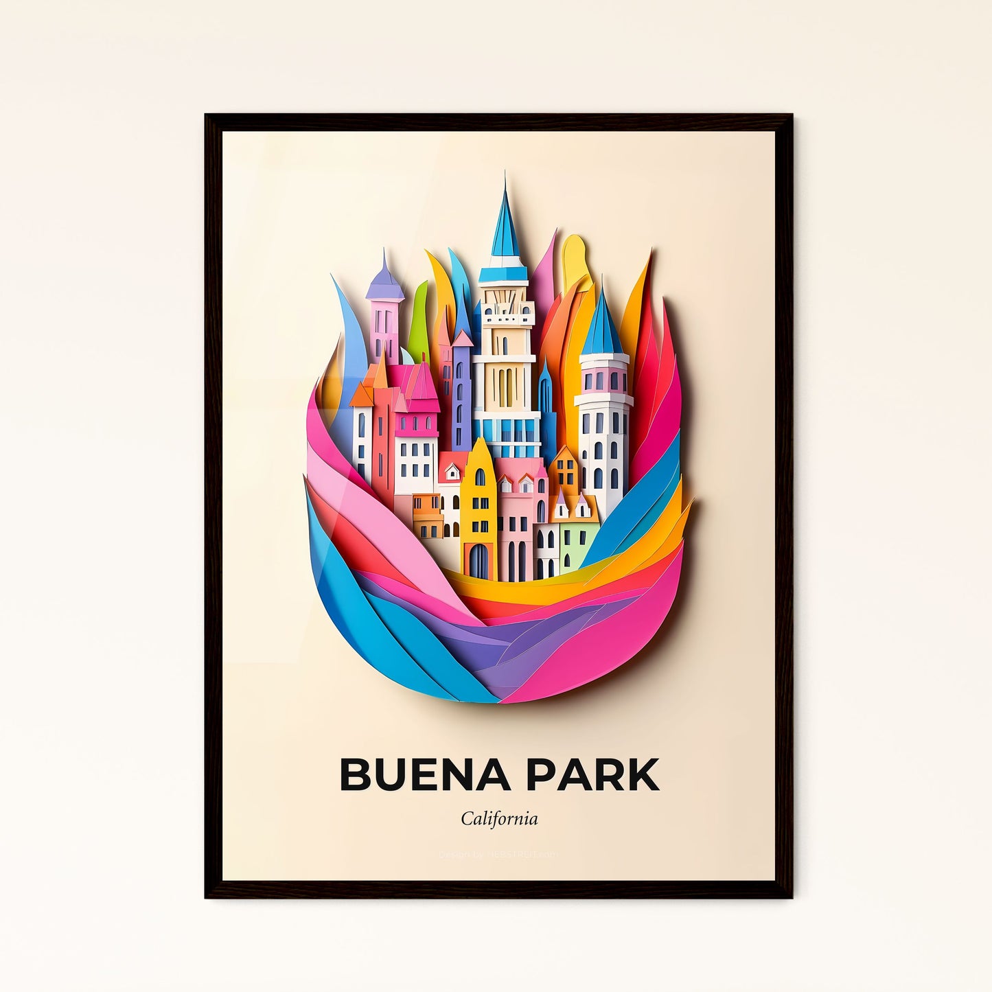 Vivid Buena Park, California - a paper cut of a city with a rainbow colored ribbon