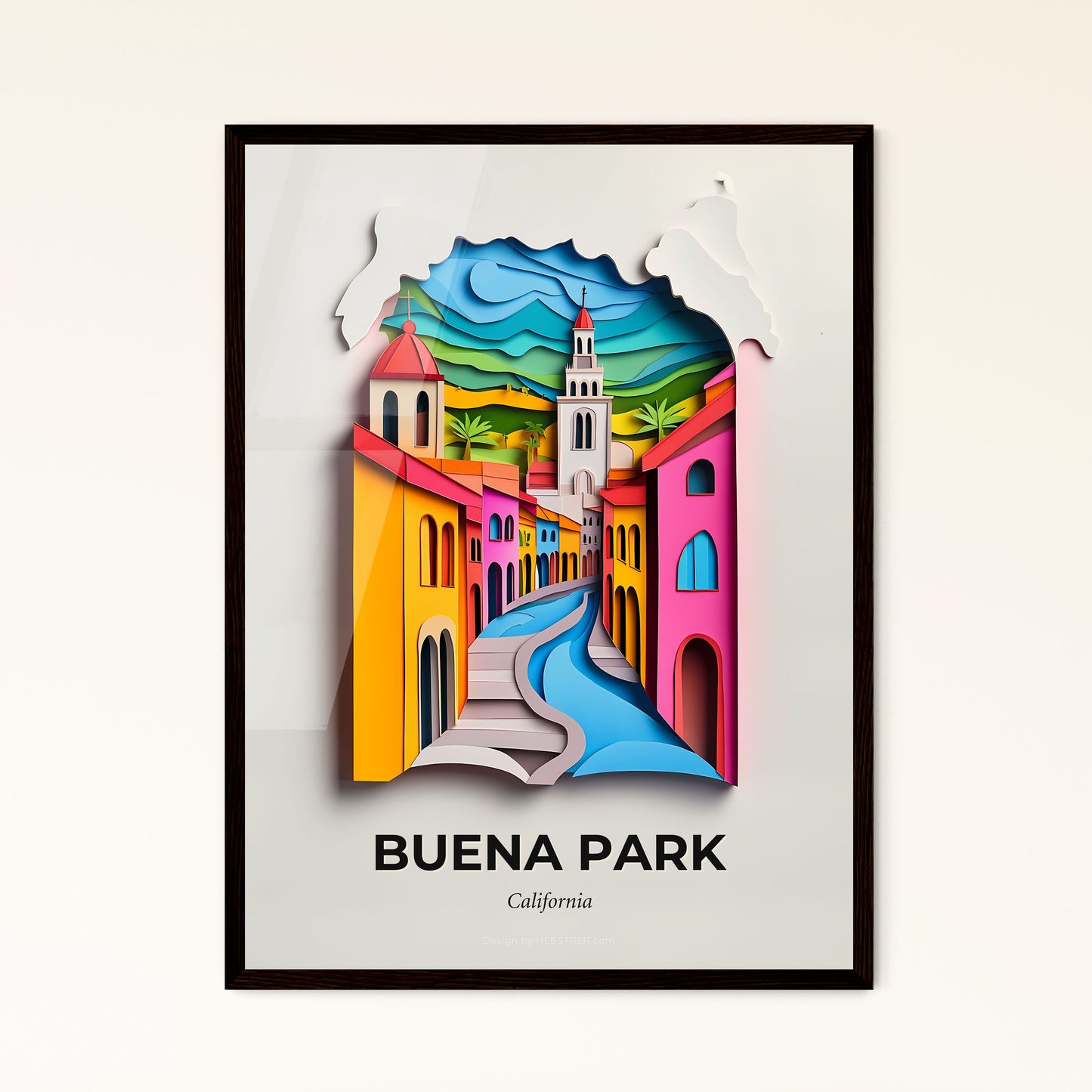 Vivid Buena Park, California - a paper cut of a city with a river