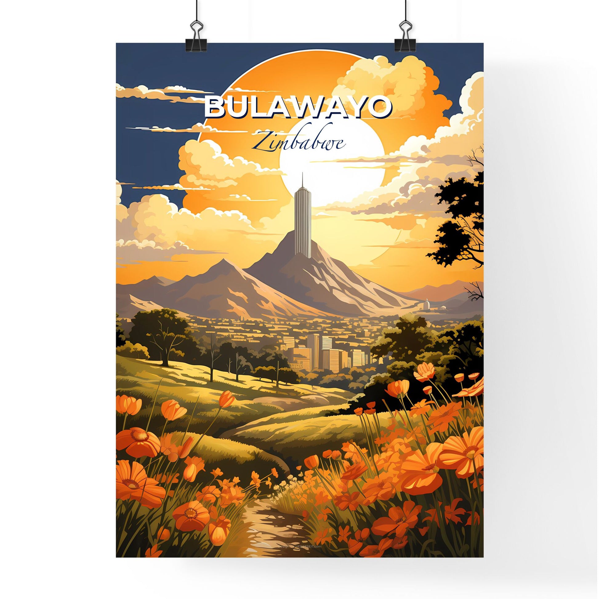 Vibrant Acrylic Painting of Bulawayo Zimbabwe Skyline with Distant Skyscraper Default Title