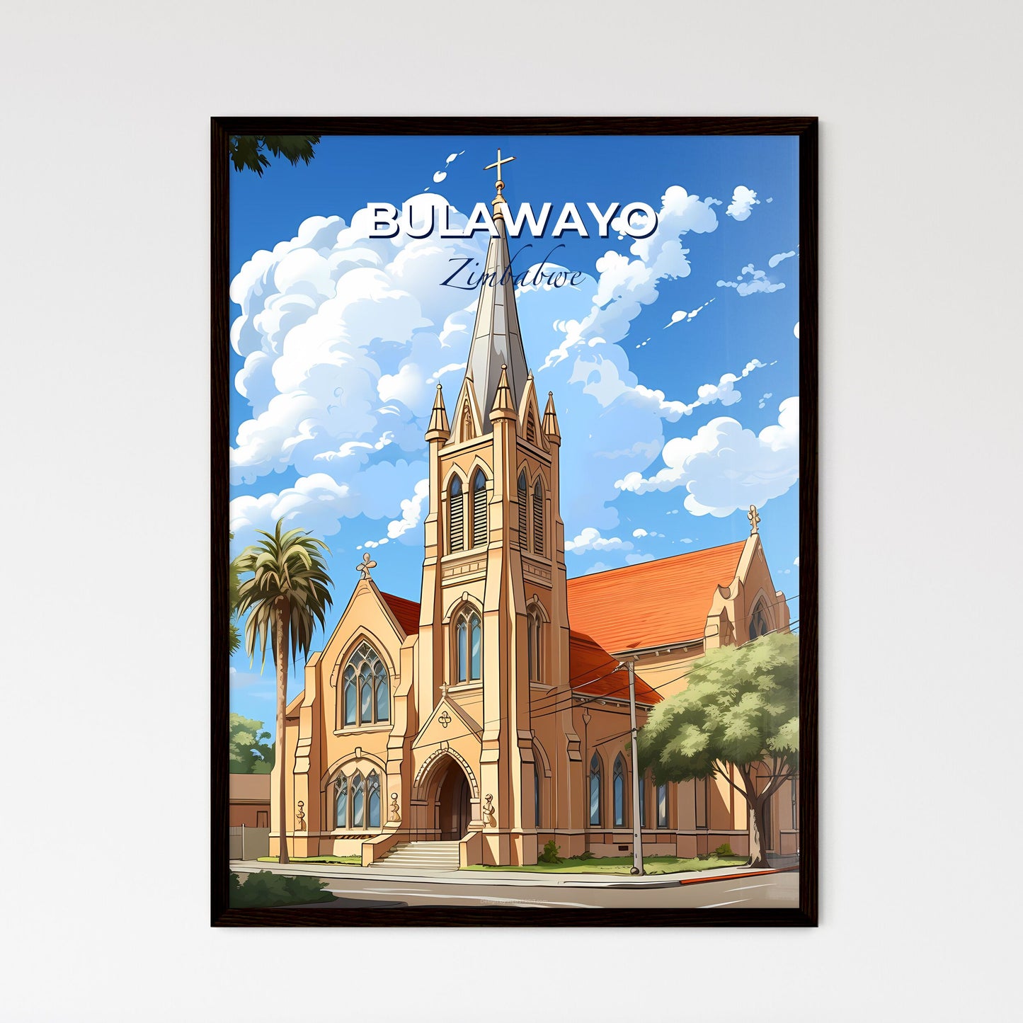 Colorful Bulawayo Zimbabwe Cityscape Painting Featuring a Tall Steeple and Trees Default Title