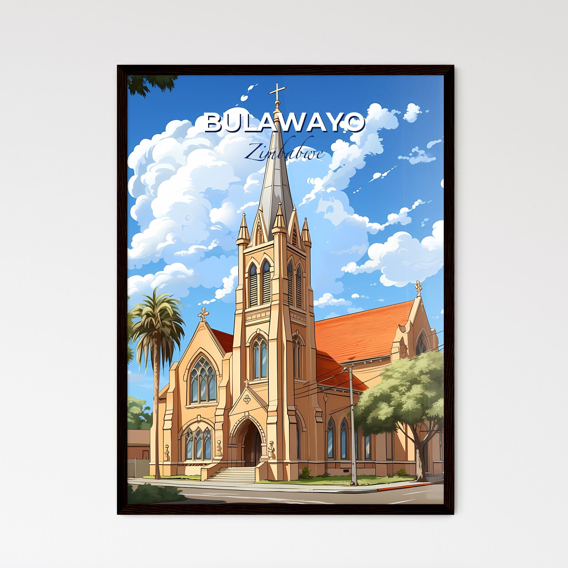 Colorful Bulawayo Zimbabwe Cityscape Painting Featuring a Tall Steeple and Trees Default Title