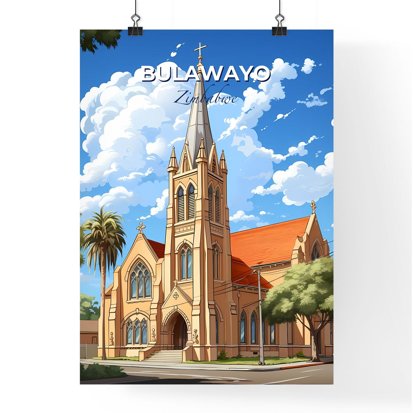 Colorful Bulawayo Zimbabwe Cityscape Painting Featuring a Tall Steeple and Trees Default Title