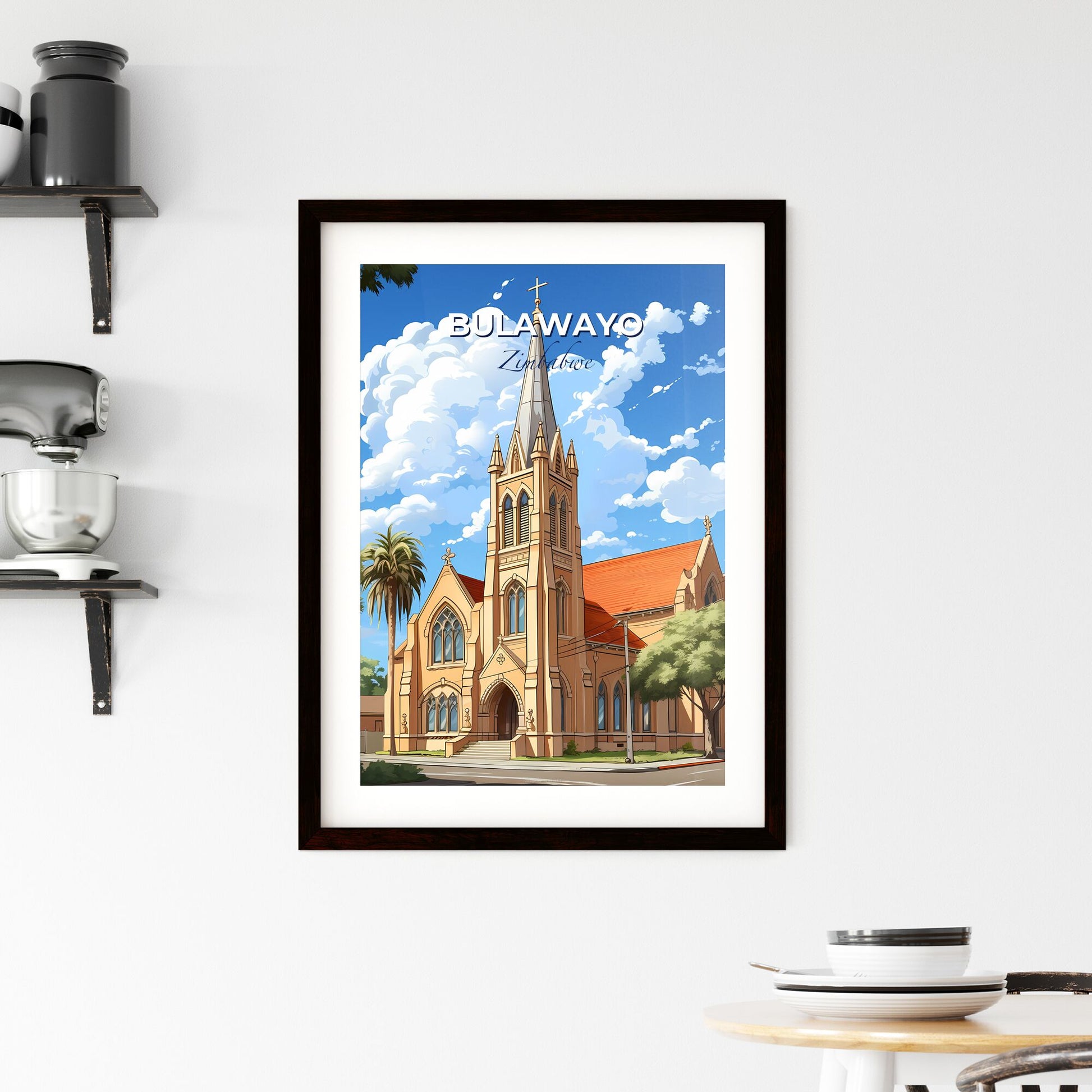 Colorful Bulawayo Zimbabwe Cityscape Painting Featuring a Tall Steeple and Trees Default Title