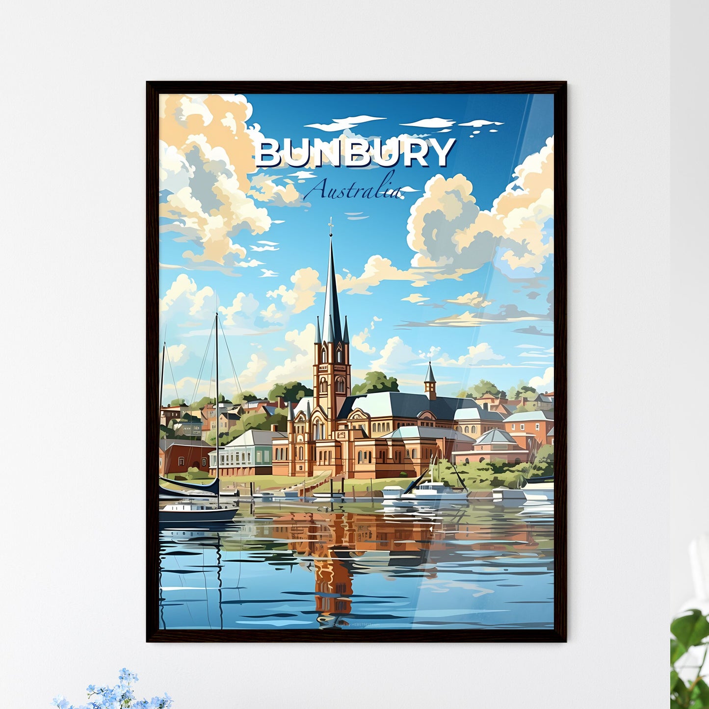 Vibrant Painting of Bunbury Town Skyline Featuring Boats on Water Default Title