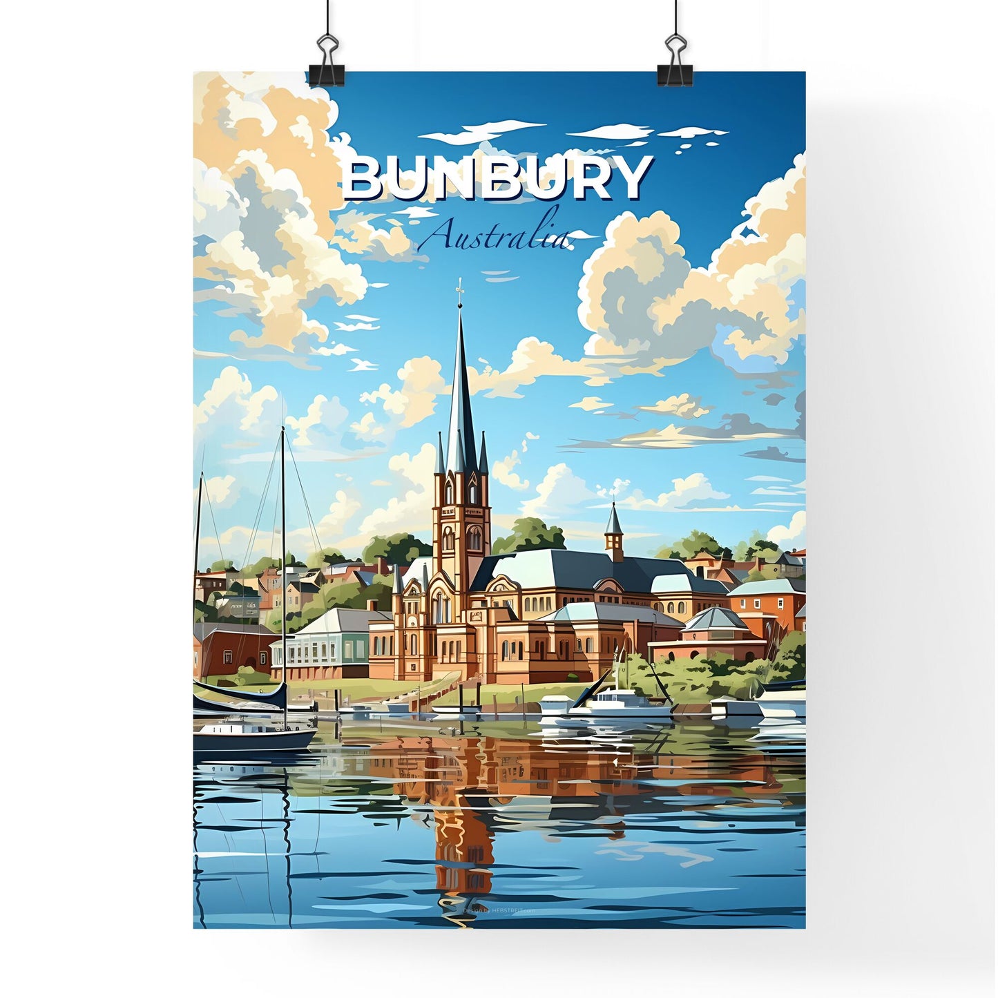 Vibrant Painting of Bunbury Town Skyline Featuring Boats on Water Default Title