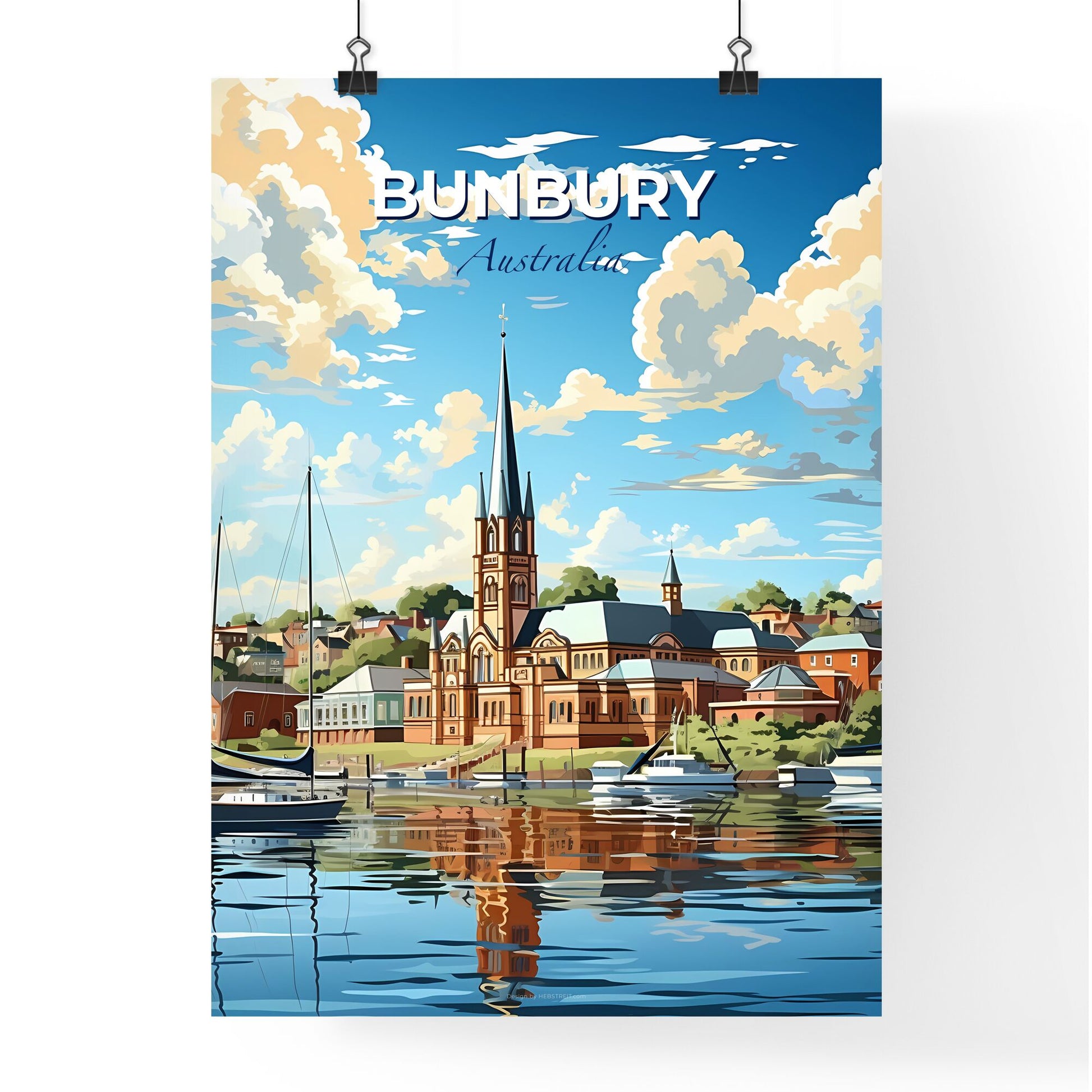 Vibrant Painting of Bunbury Town Skyline Featuring Boats on Water Default Title