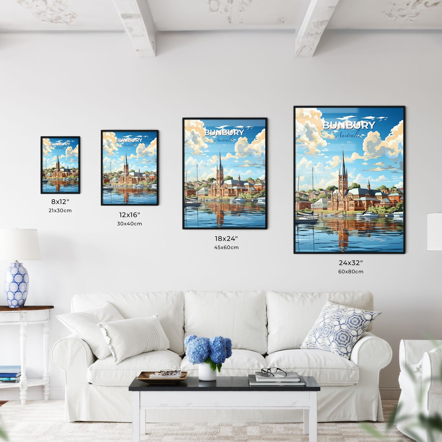 Vibrant Painting of Bunbury Town Skyline Featuring Boats on Water Default Title