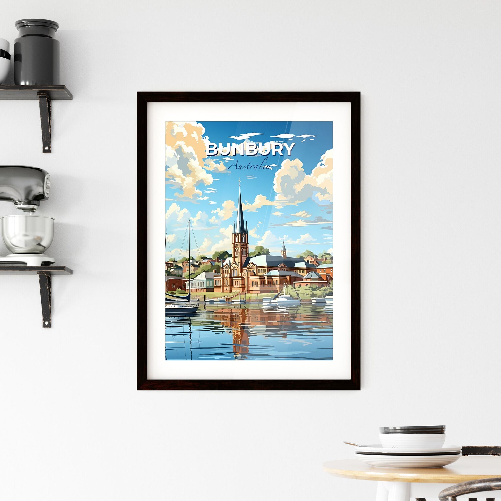 Vibrant Painting of Bunbury Town Skyline Featuring Boats on Water Default Title