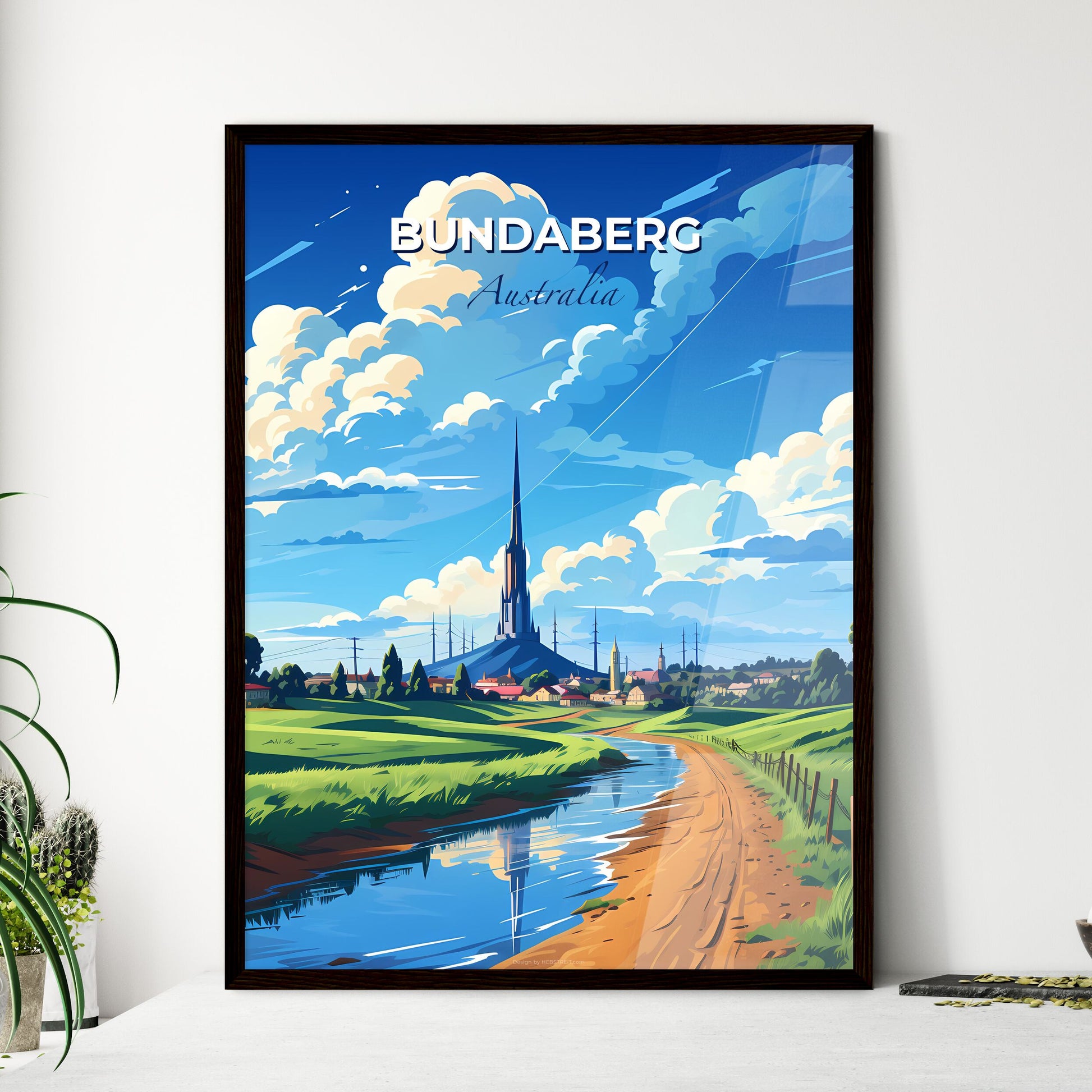 Vibrant Bundaberg Skyline Painting - Artistic River Landscape with Tower Default Title