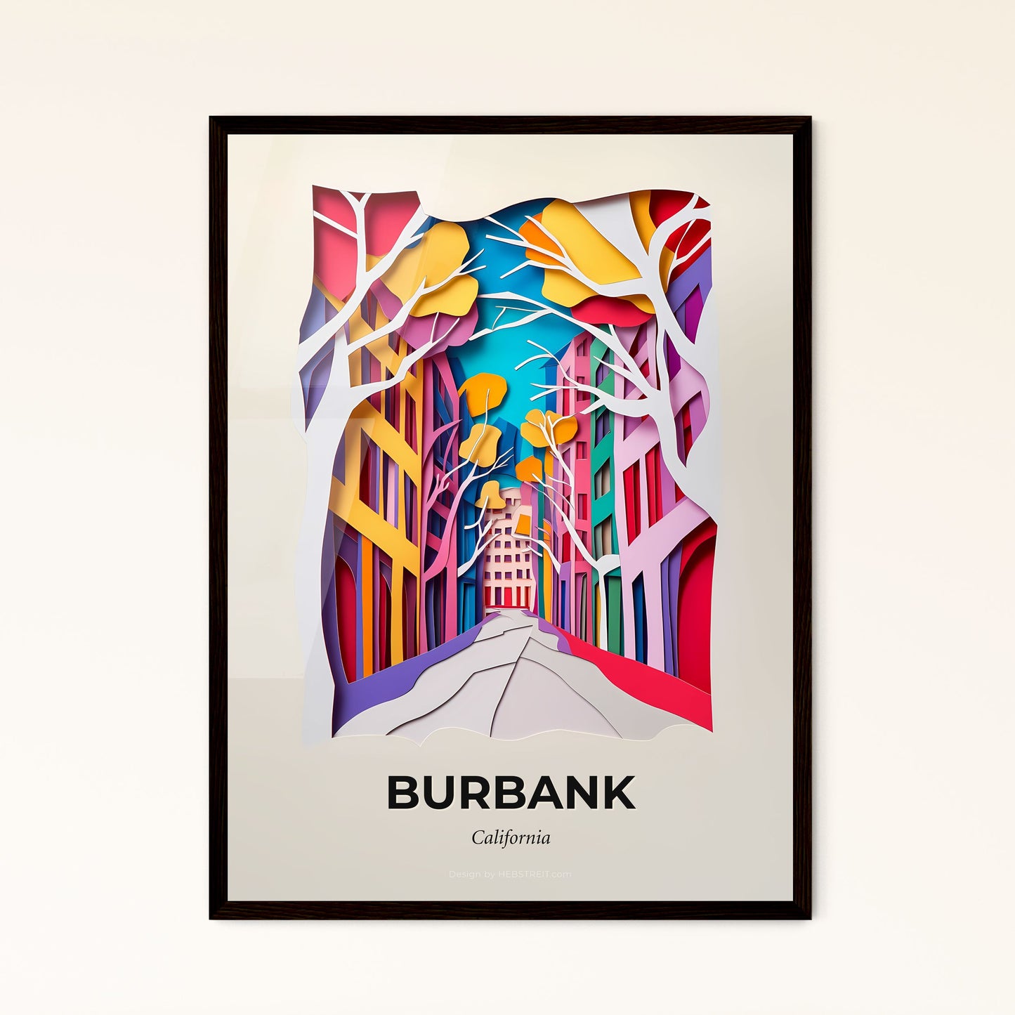 Vivid Burbank, California - a paper cut of a city street with trees