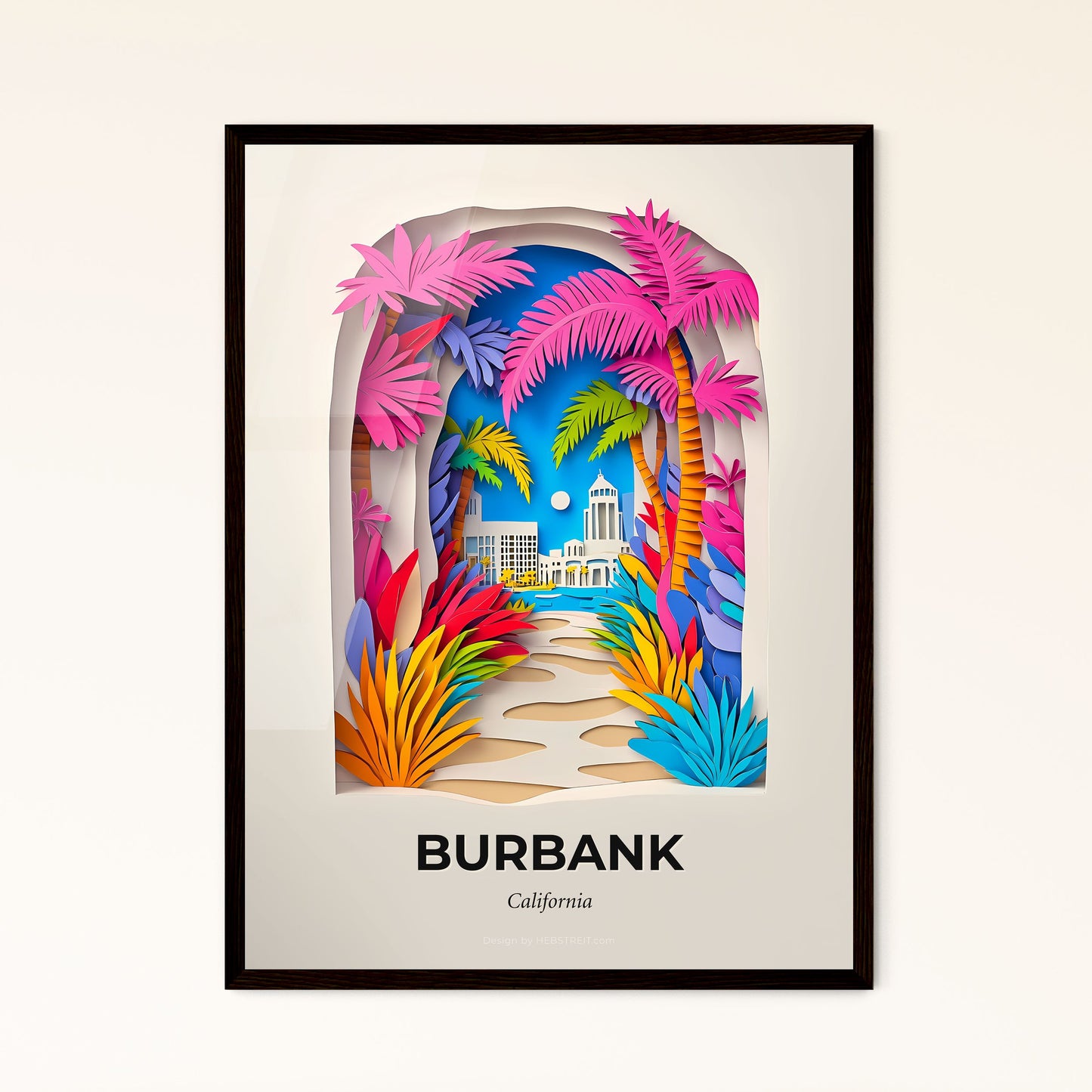 Vivid Burbank, California - a paper cut of a tropical scene with palm trees