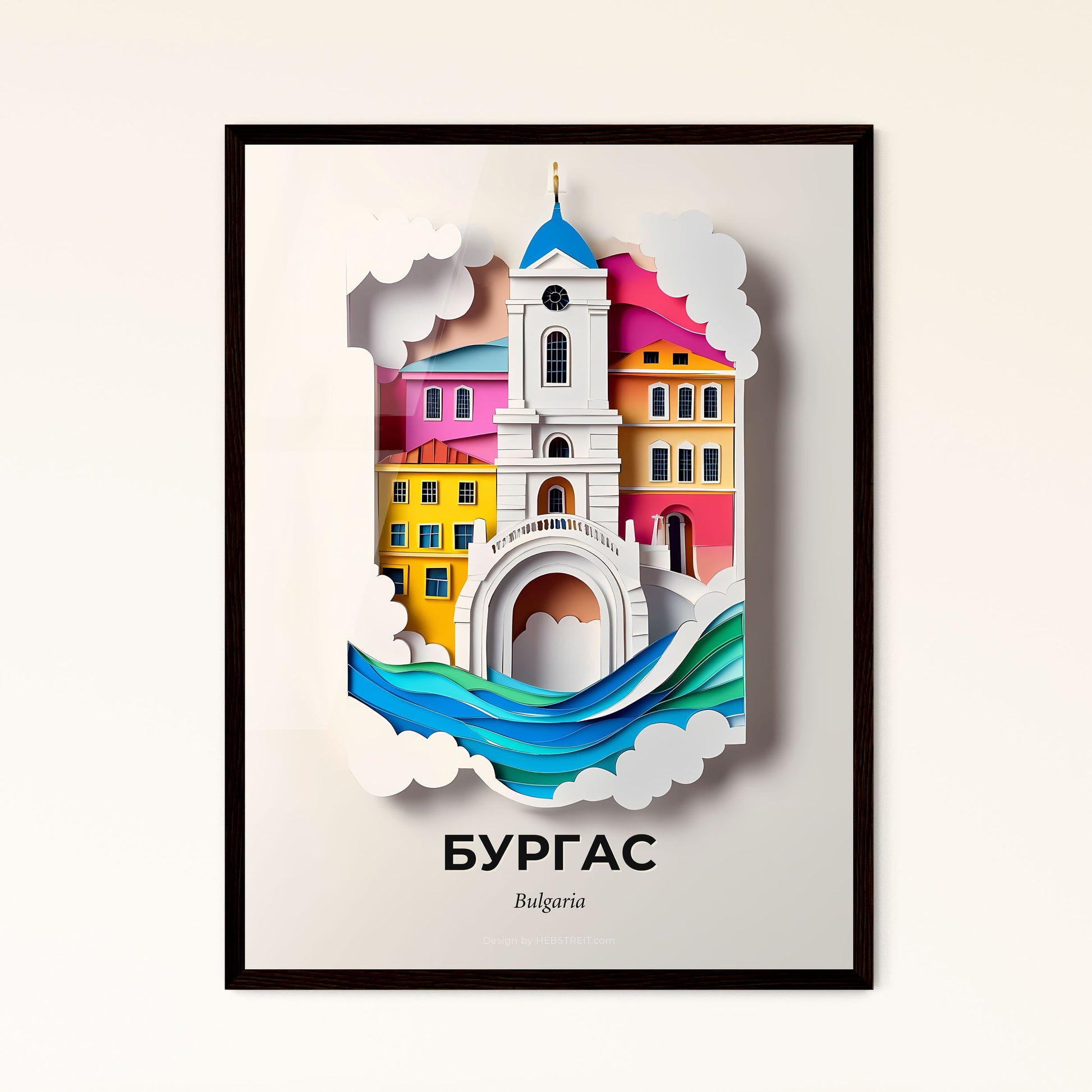 Vivid Burgas, Bulgaria - a paper cut of a church and a river