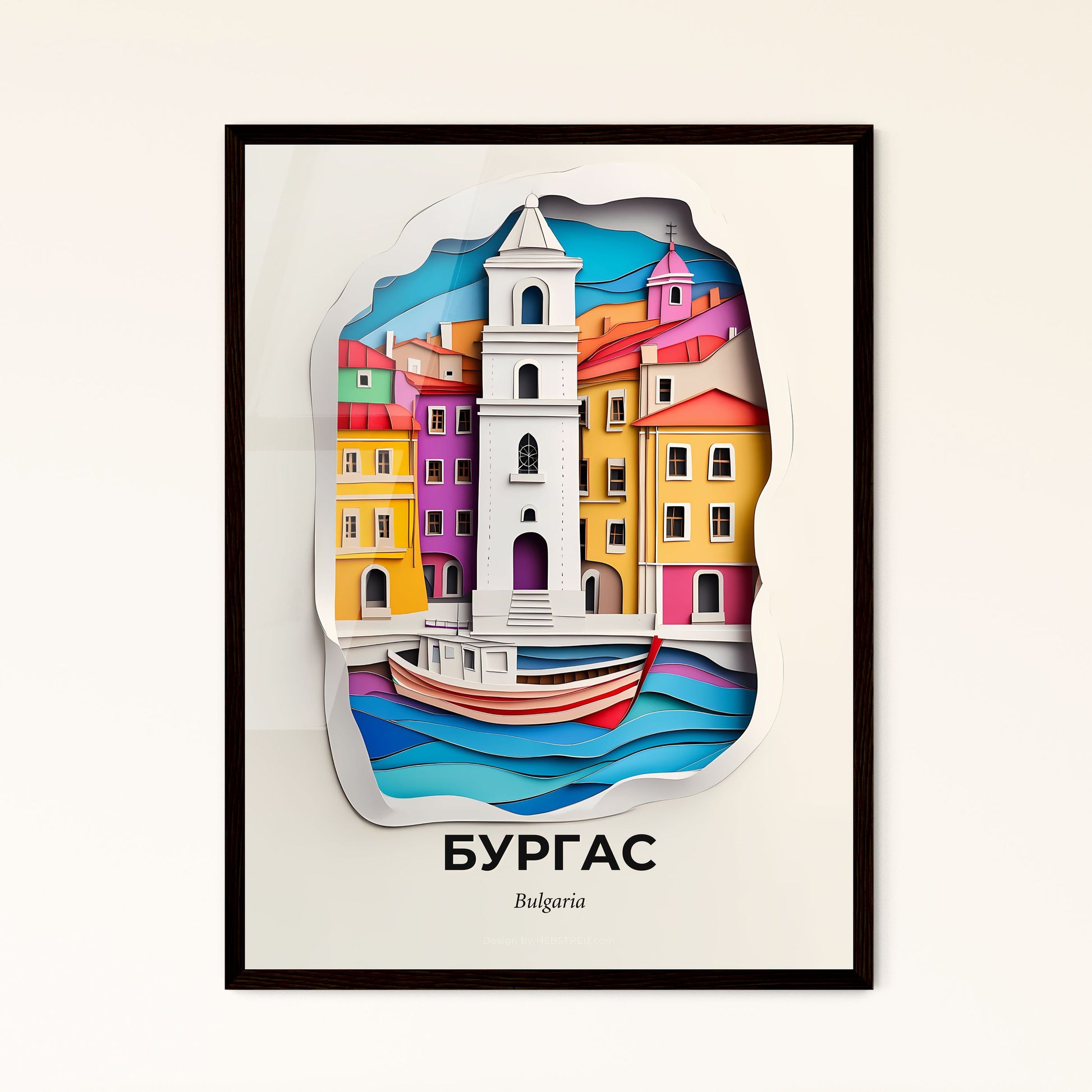 Vivid Burgas, Bulgaria - a clock with a boat in front of a colorful city