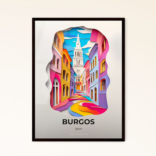 Vivid Burgos, Spain - a colorful city street with a clock tower