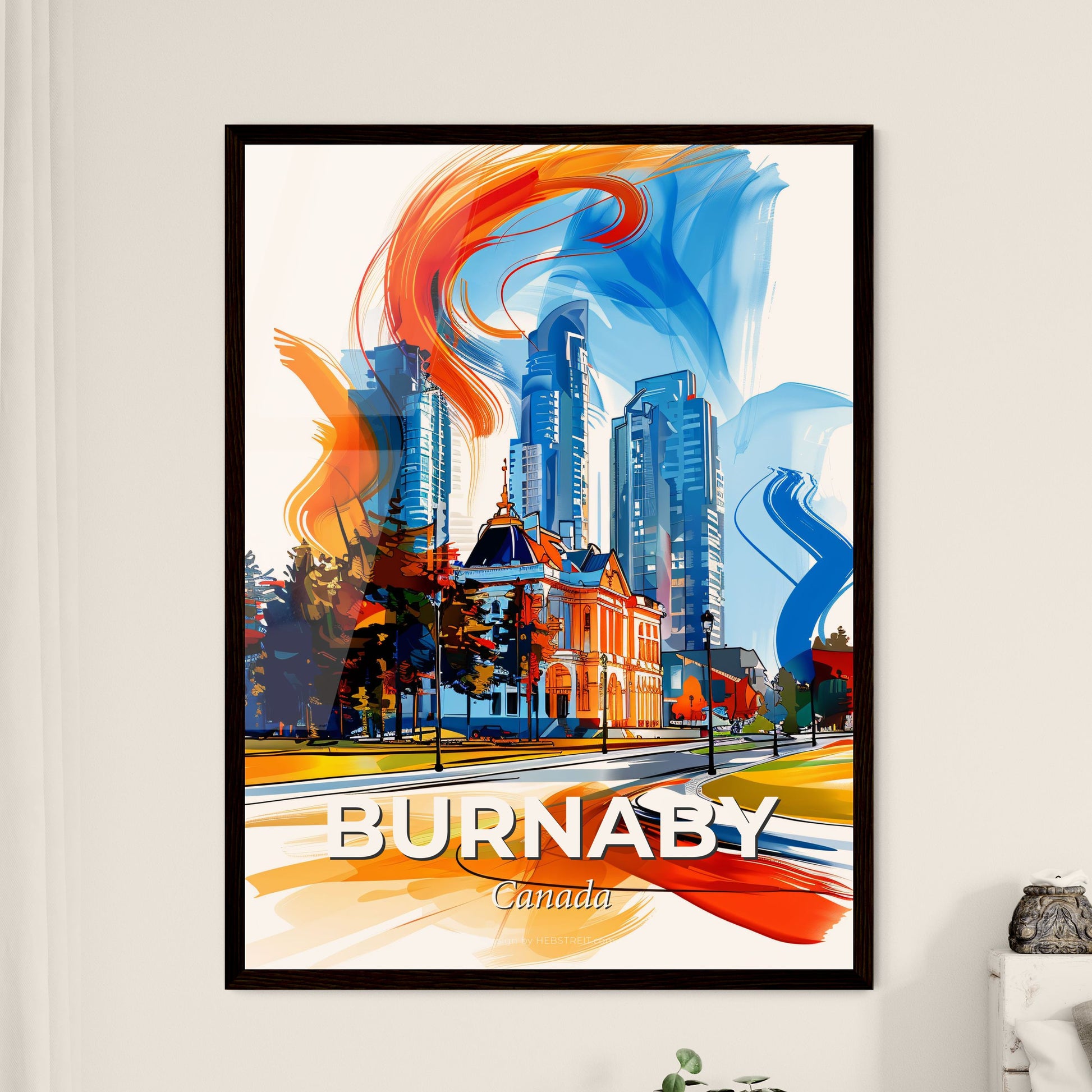 Vibrant Burnaby, Canada - A Painting Of A City With Buildings And Trees