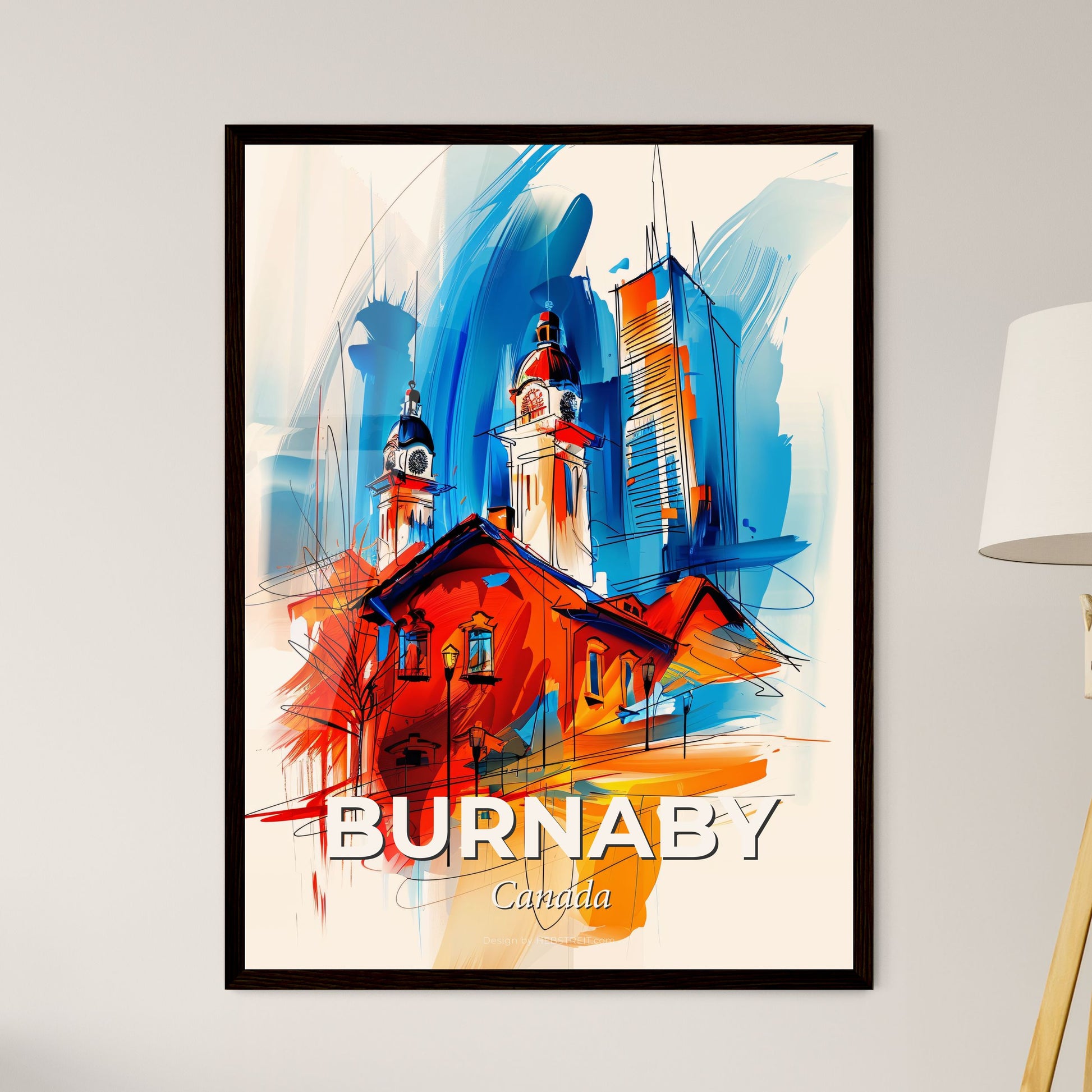 Vibrant Burnaby, Canada - A Painting Of A Building With Towers And A City In The Background