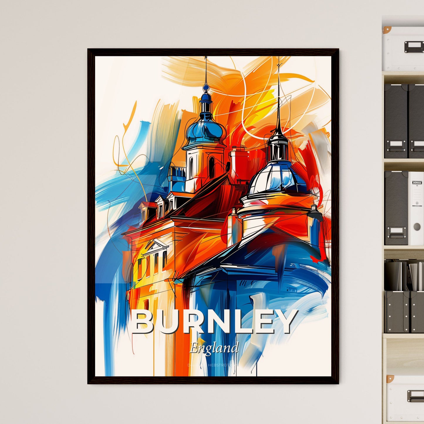 Vibrant Burnley, England - A Painting Of A Building With A Colorful Background