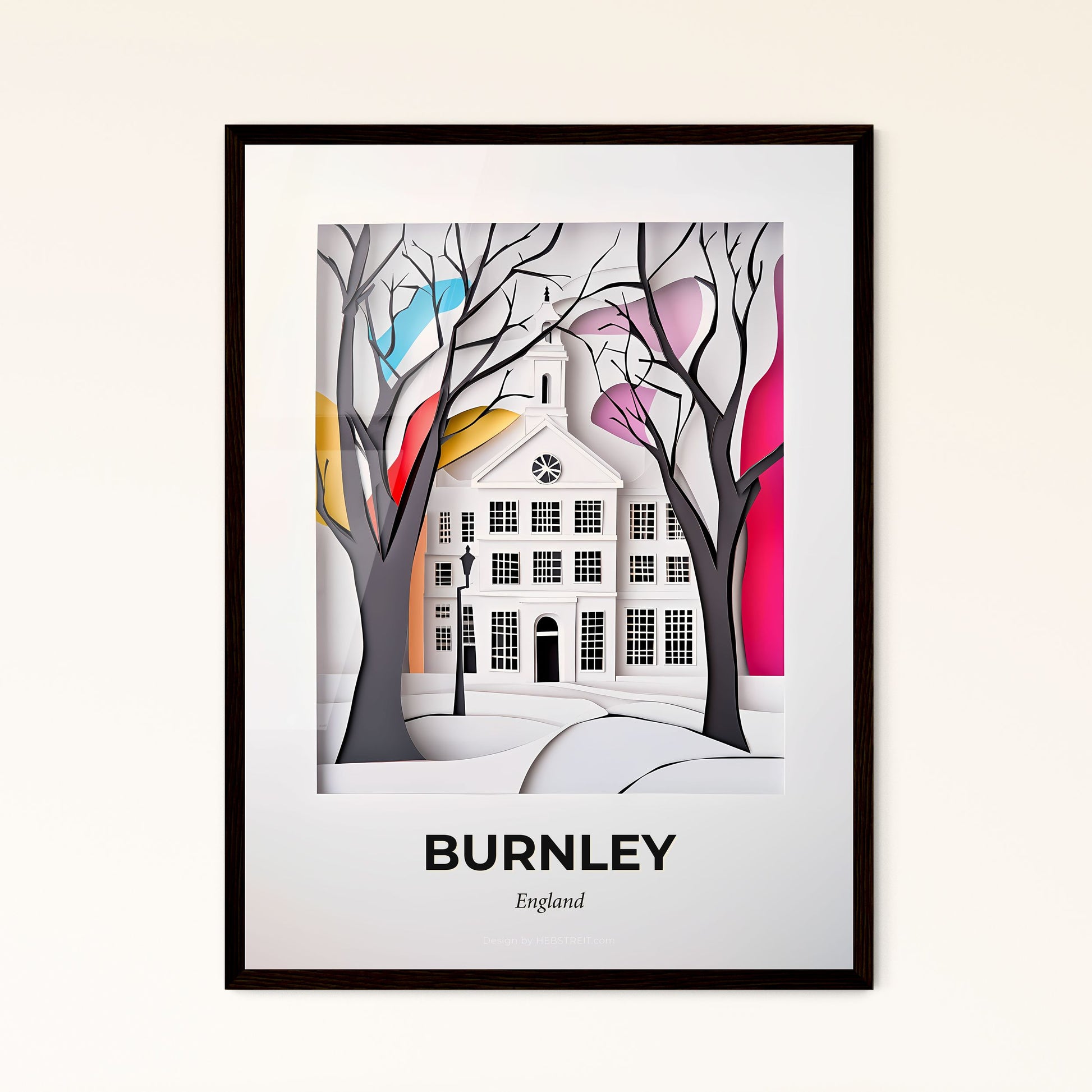 Vivid Burnley, England - a paper cut of a church with trees and a bird