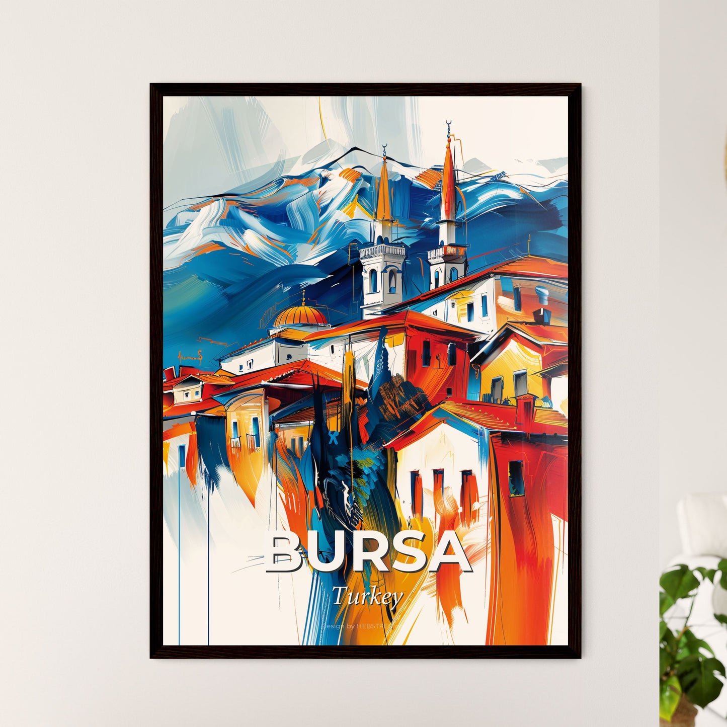 Vibrant Bursa, Turkey - A Painting Of A Town With A Mountain In The Background