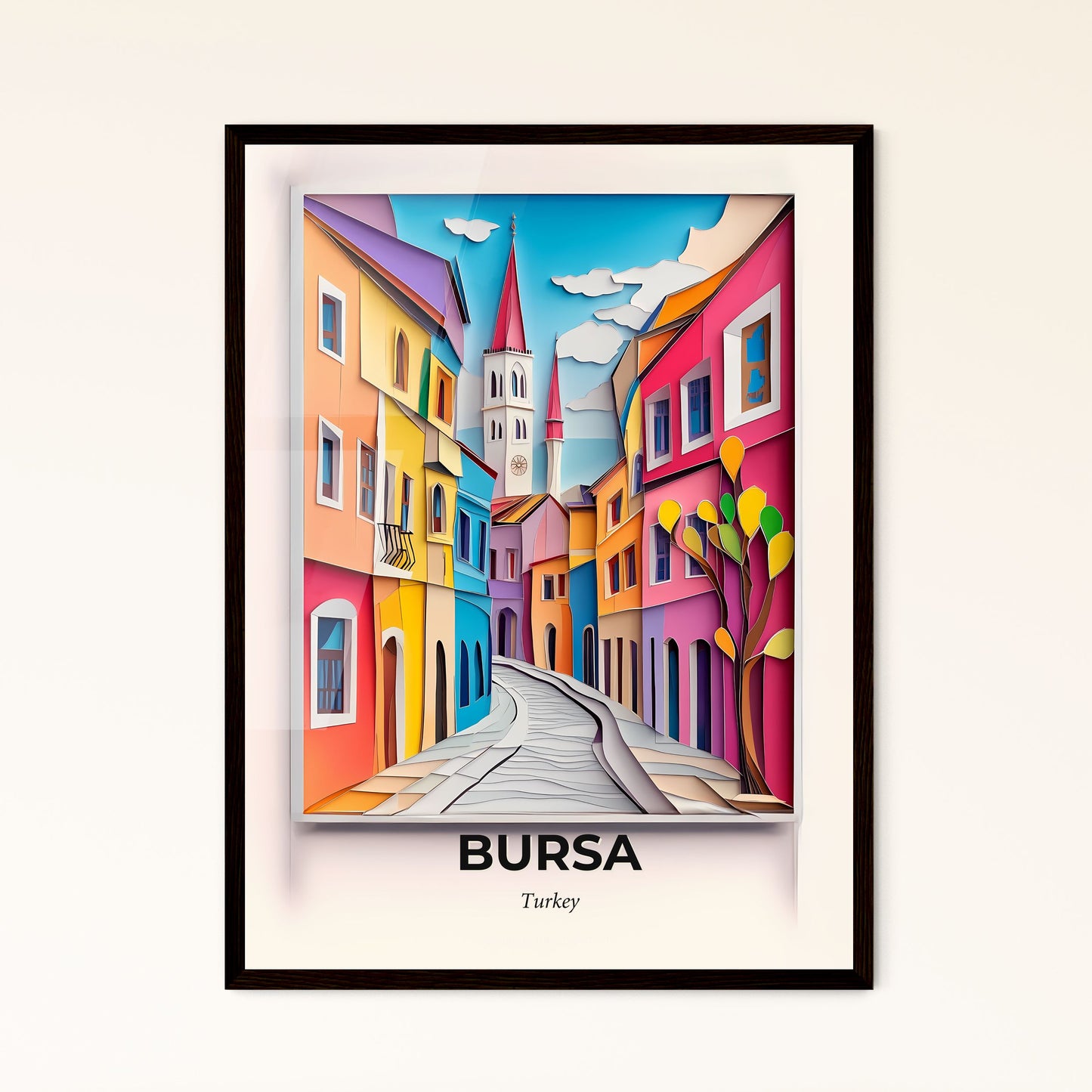 Vivid Bursa, Turkey - a painting of a street with a church tower in the background