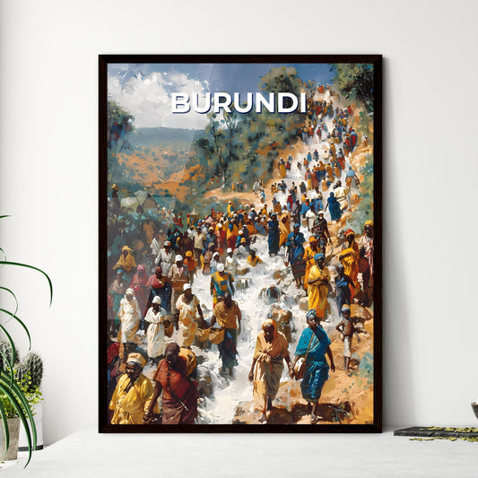 Vibrant Painting Depicting a Group Descending a Hillside in Burundi, Africa, Showcasing the Culture and Art of the Region
