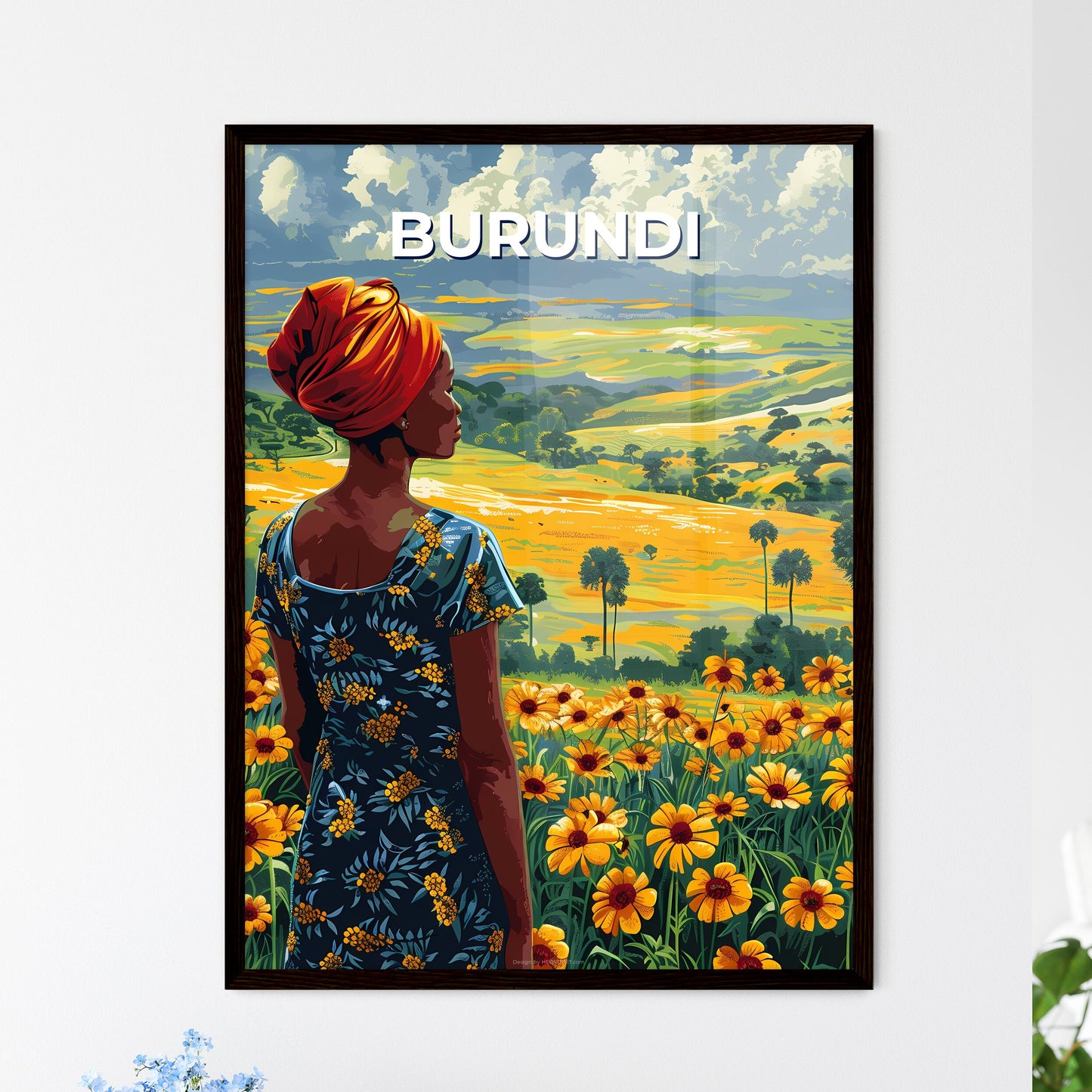 Vibrant African Art Painting Depicting Woman in Dress and Turban Amidst Flower Garden