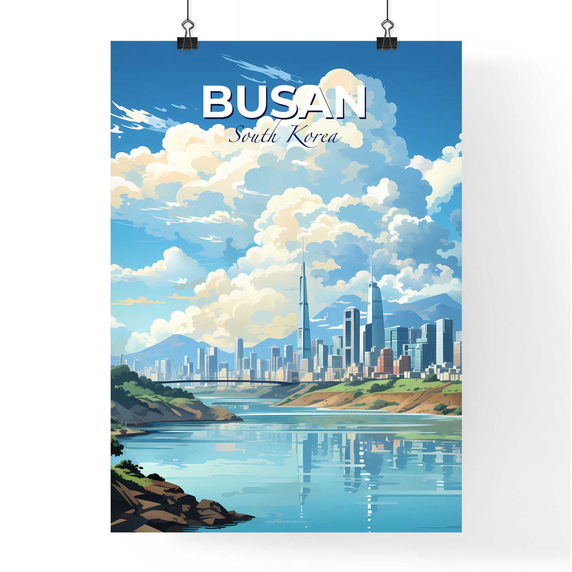 Busan South Korea Cityscape Painting: Vibrant Skyline, River, Clouds Default Title