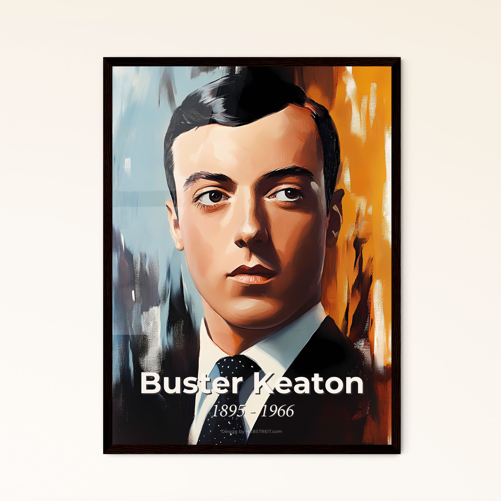 Portrait of Buster Keaton, 1895 - 1966. Impressionistic painting of a man in a suit and tie.