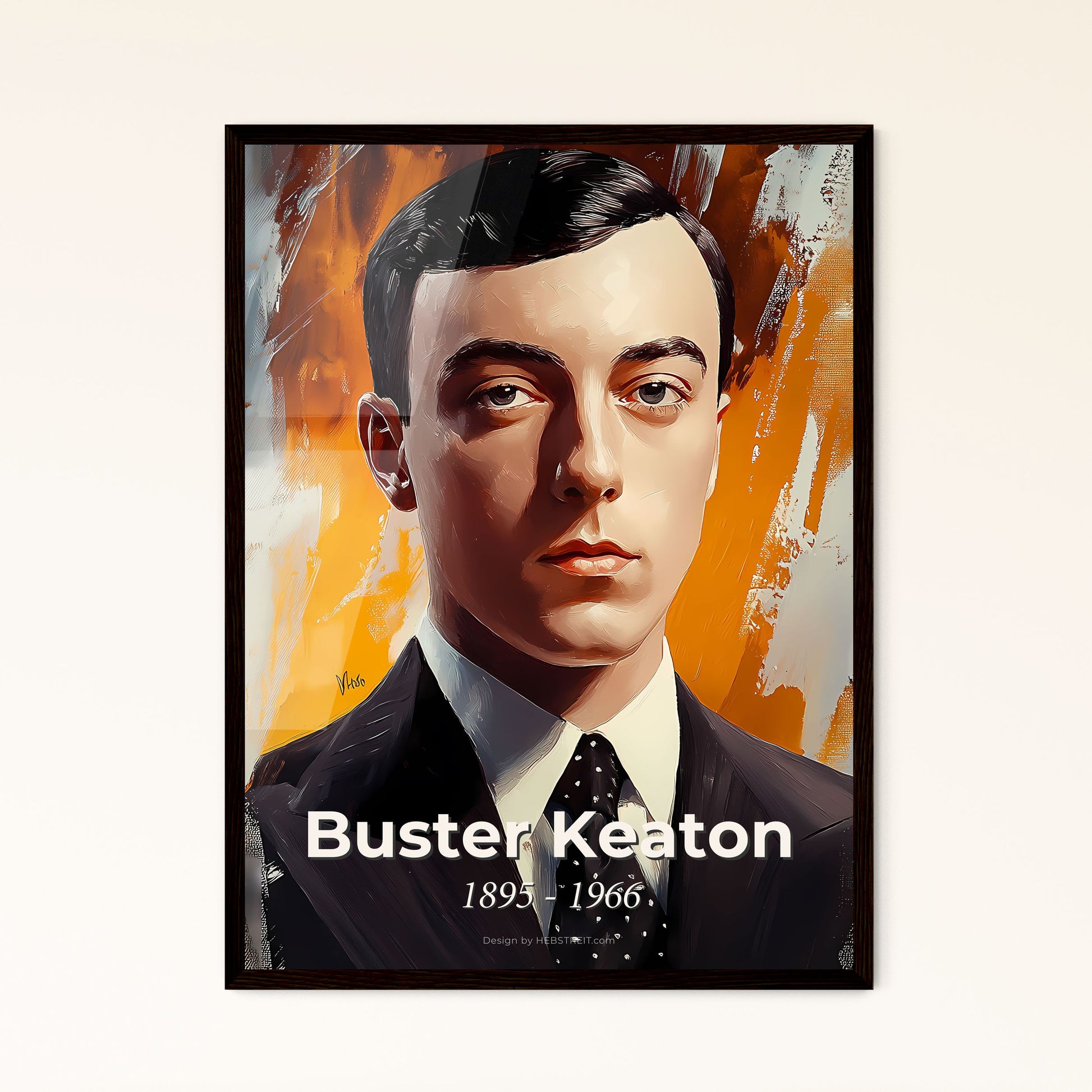 Portrait of Buster Keaton, 1895 - 1966. Impressionistic painting of a man in a suit and tie.