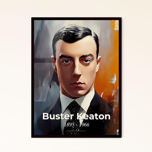 Portrait of Buster Keaton, 1895 - 1966. Impressionistic painting of a man in a suit and tie.