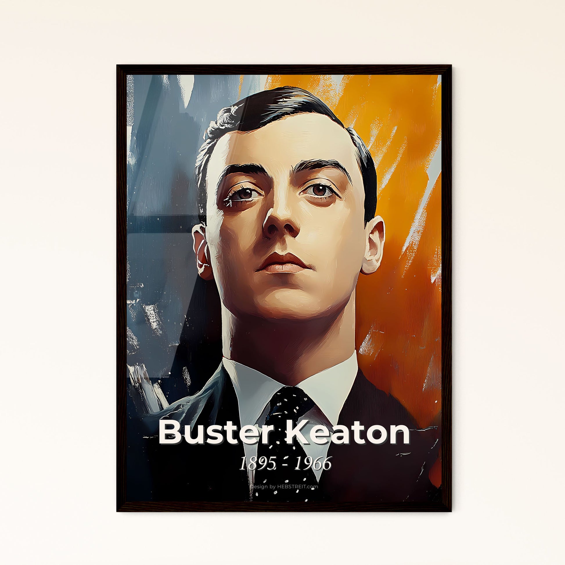 Portrait of Buster Keaton, 1895 - 1966. Impressionistic painting of a man in a suit and tie.