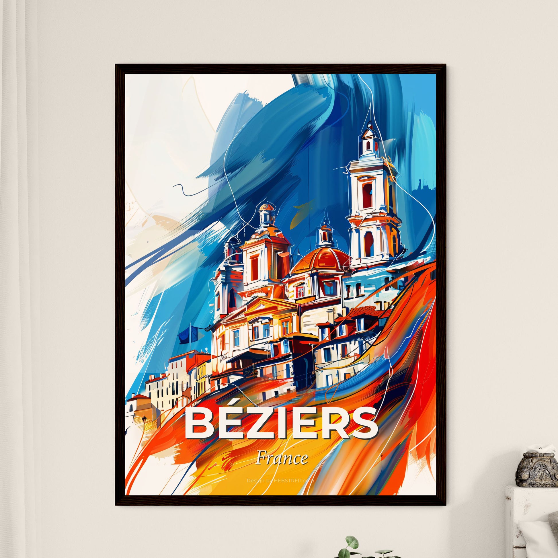 Vibrant Béziers, France - A Painting Of A Building With Towers And A Blue And Orange Background