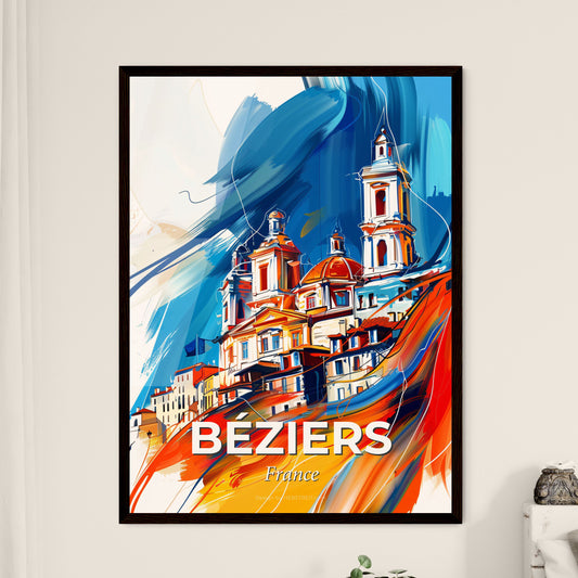 Vibrant Béziers, France - A Painting Of A Building With Towers And A Blue And Orange Background